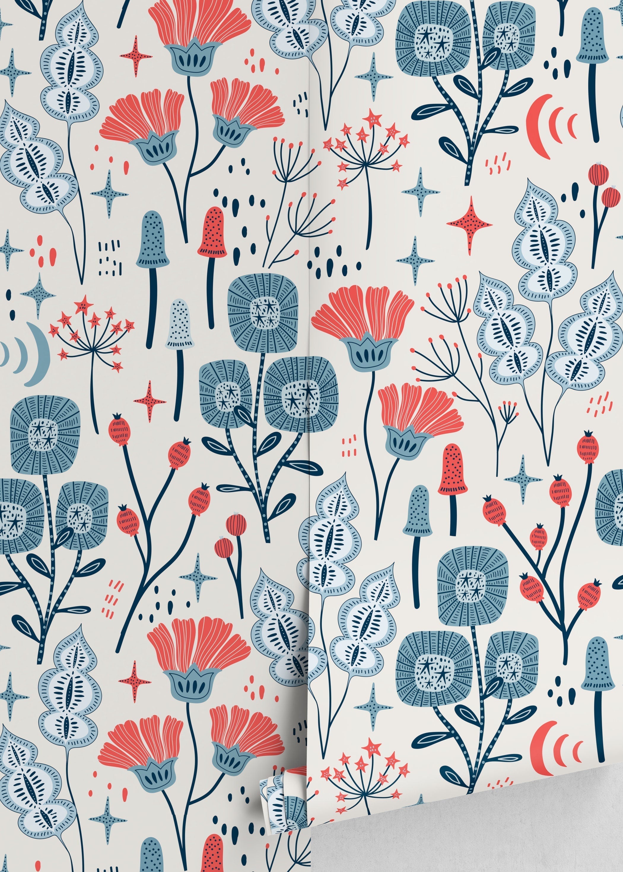Floral Wallpaper With Whimsical Folk Art Flowers In Red And Blue - D396
