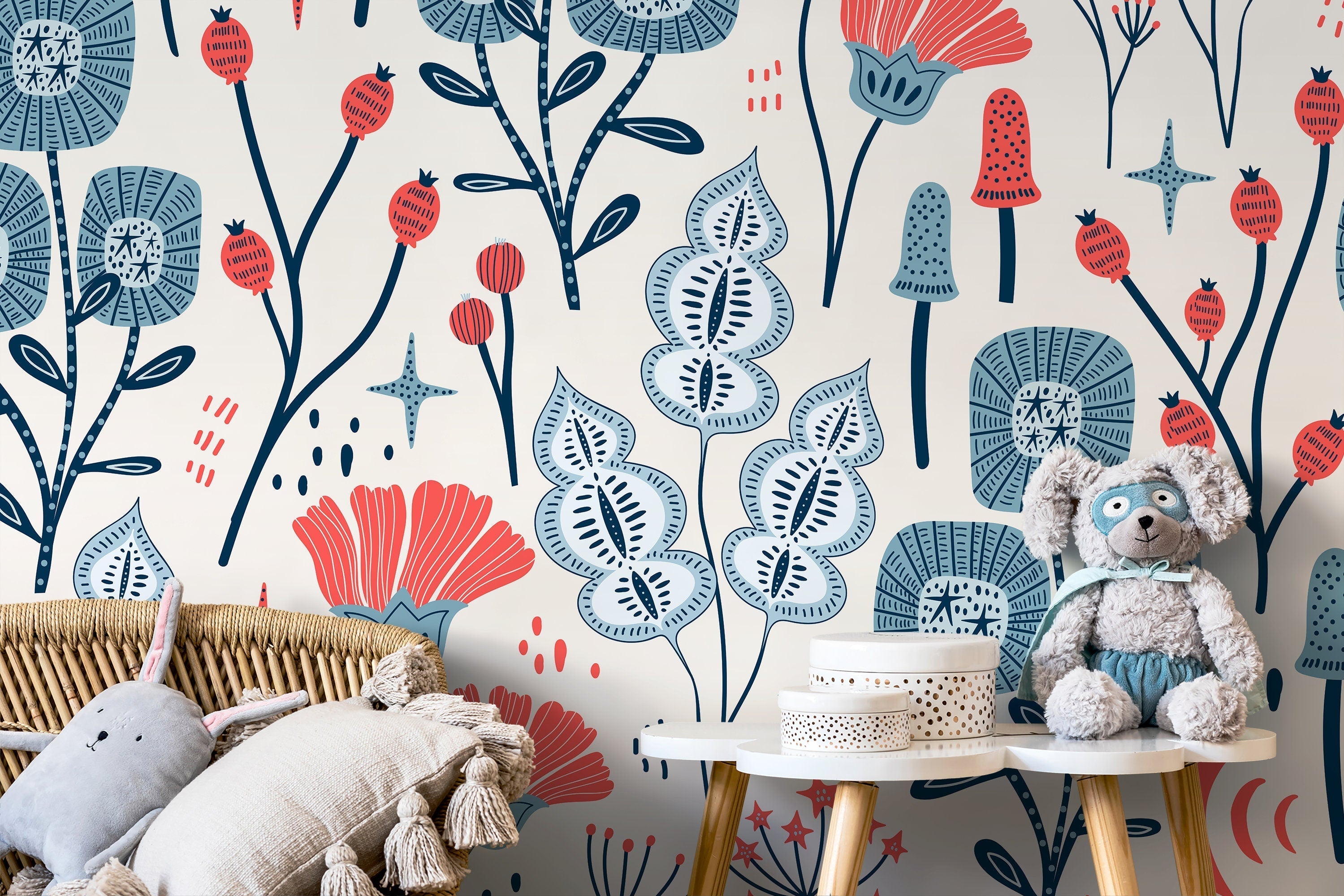 Floral Wallpaper With Whimsical Folk Art Flowers In Red And Blue - D396