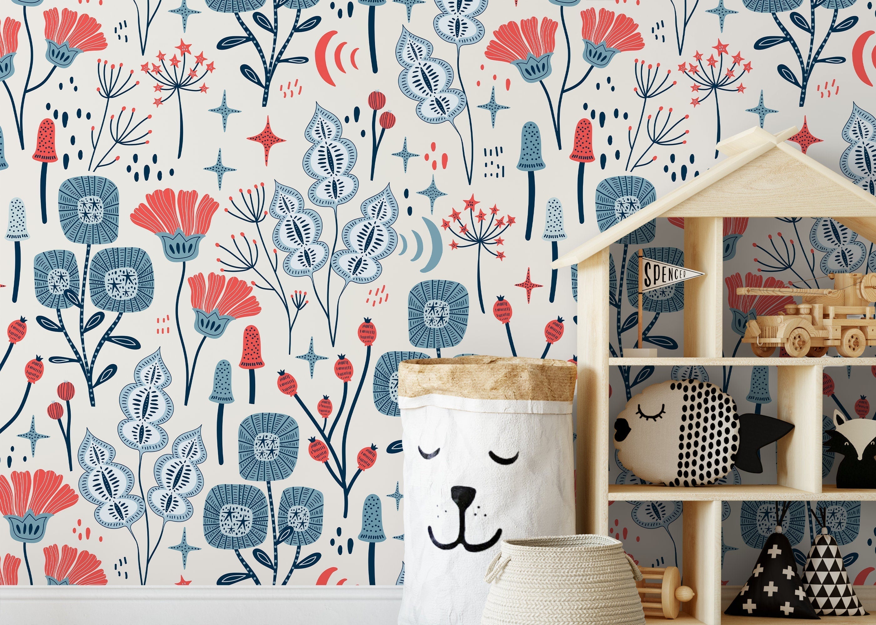 Floral Wallpaper With Whimsical Folk Art Flowers In Red And Blue - D396