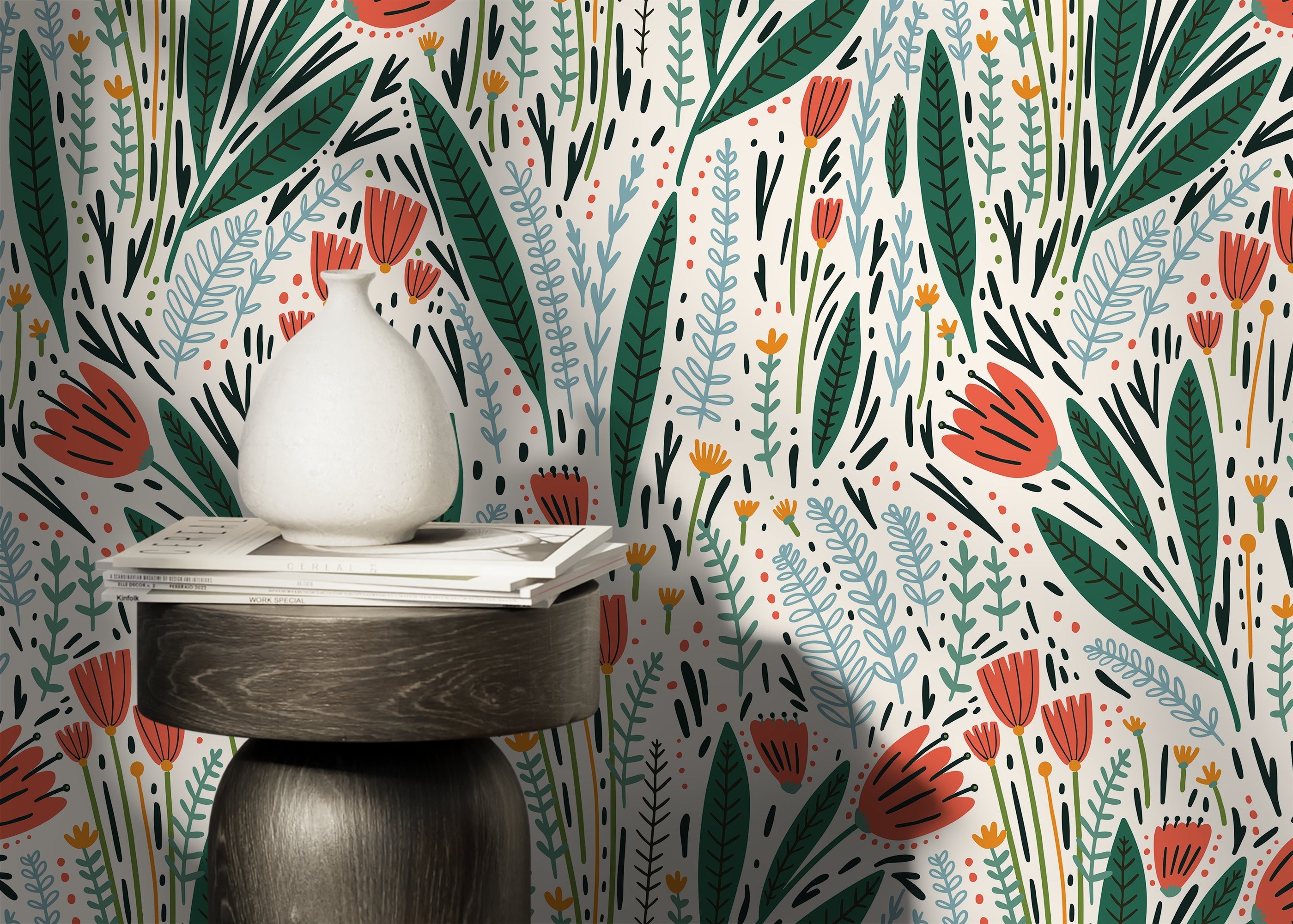 Floral Wallpaper Featuring Scandinavian Folk Art Florals In Coral, Green, And Blue - D398