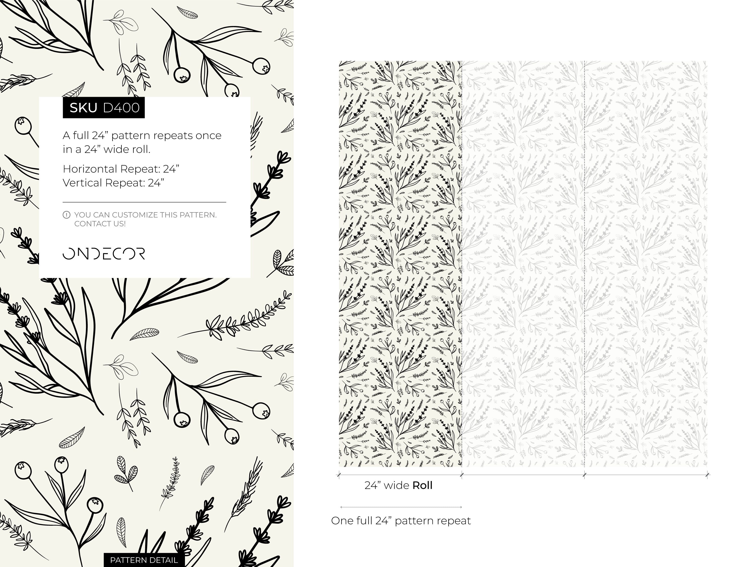 Botanical Wallpaper With Hand-drawn Wildflowers In Black And Light Gray - D400