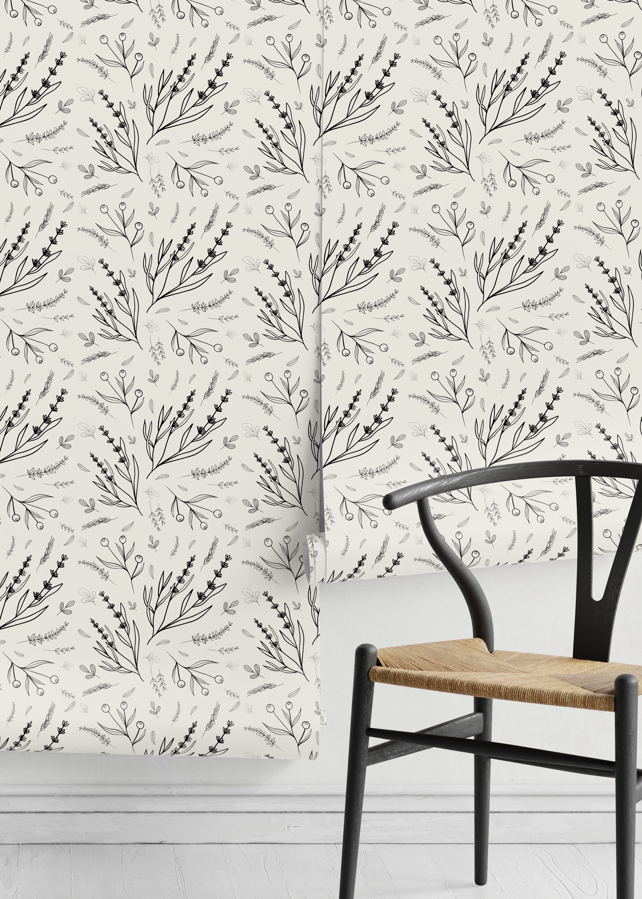 Botanical Wallpaper With Hand-drawn Wildflowers In Black And Light Gray - D400
