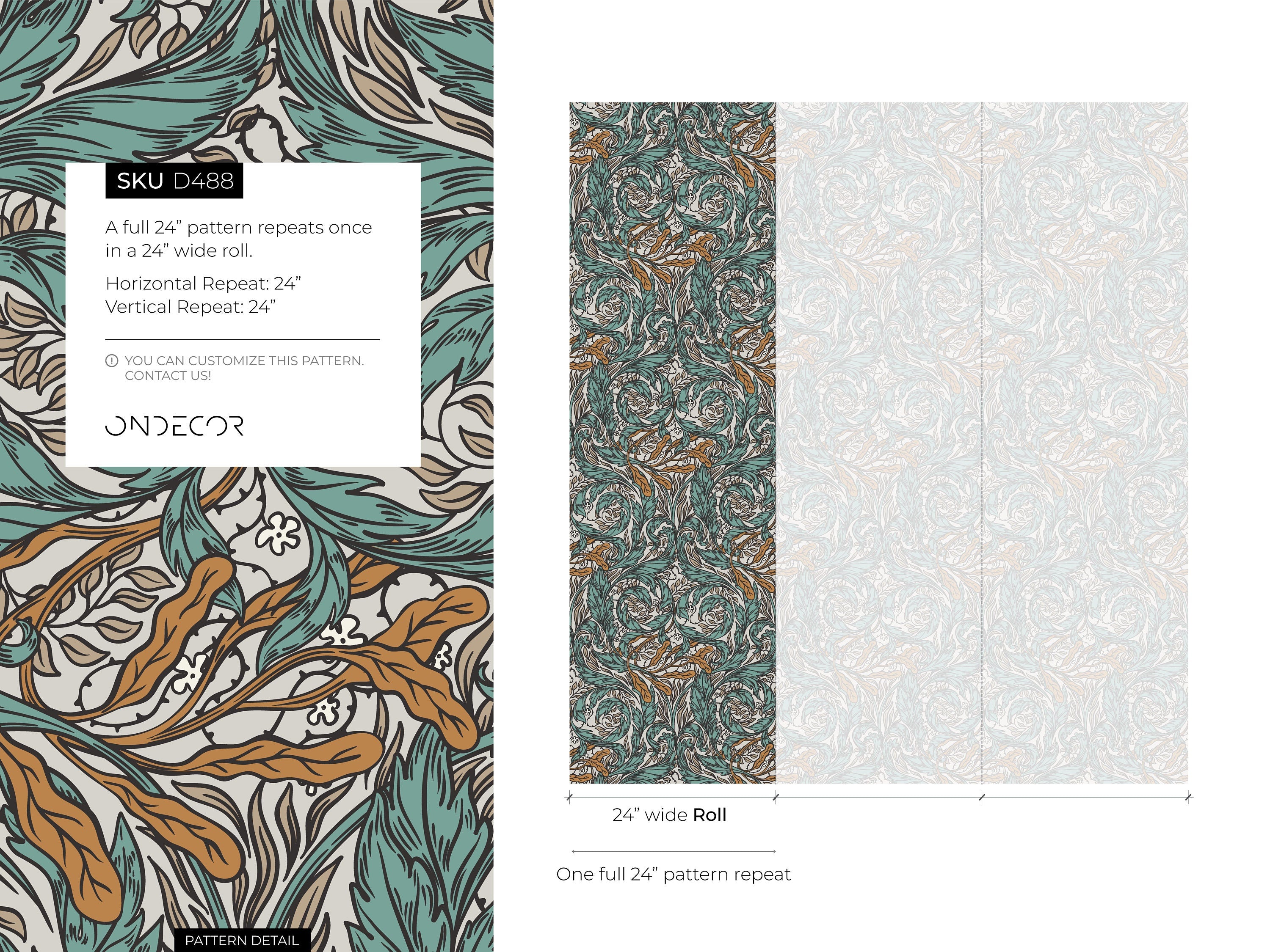 Art Nouveau Wallpaper With Swirling Botanical Vines In Teal And Ochre - D488