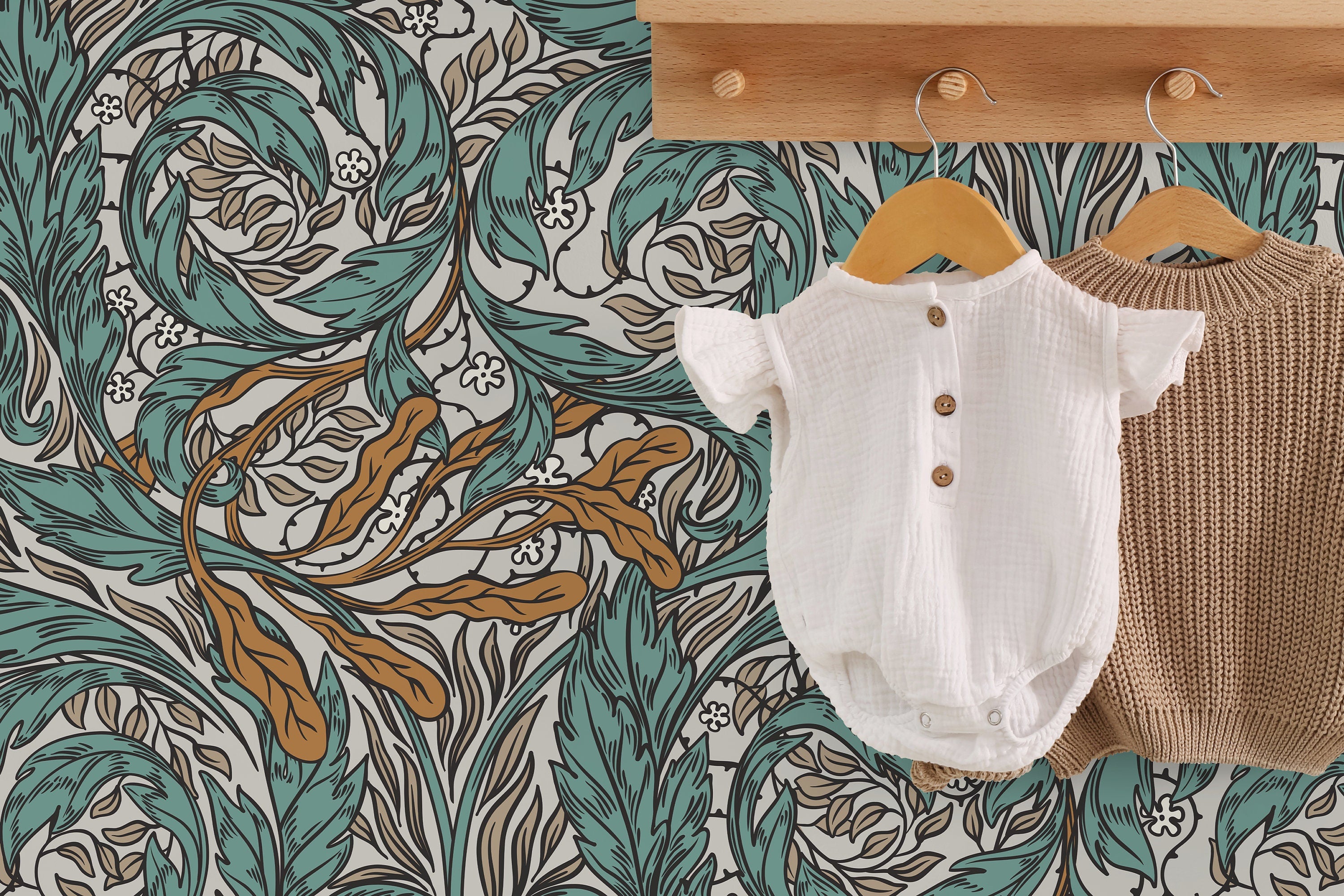 Art Nouveau Wallpaper With Swirling Botanical Vines In Teal And Ochre - D488