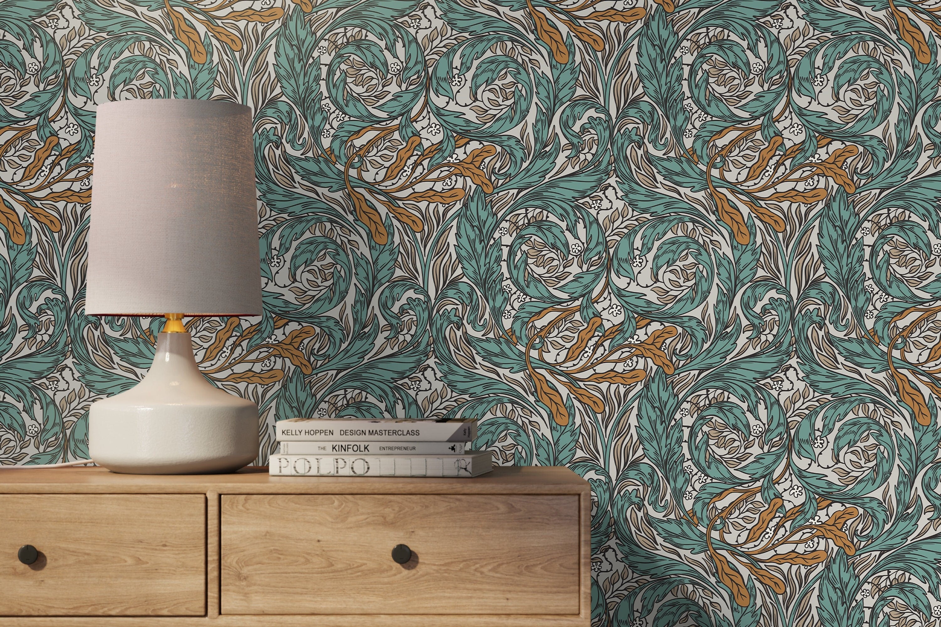 Art Nouveau Wallpaper With Swirling Botanical Vines In Teal And Ochre - D488
