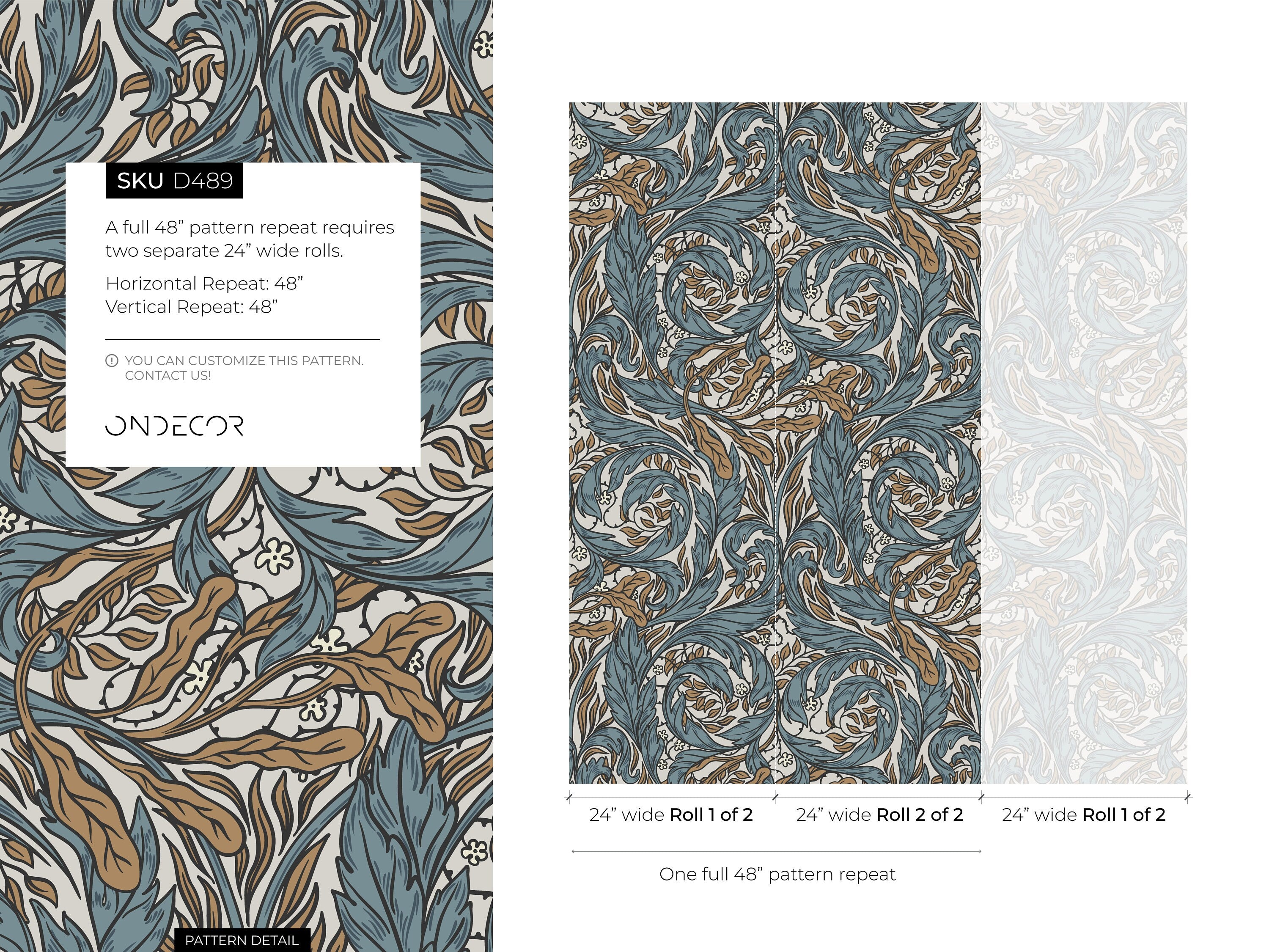 Art Nouveau Wallpaper With Ornamental Acanthus Vines In Blue And Brown - D489