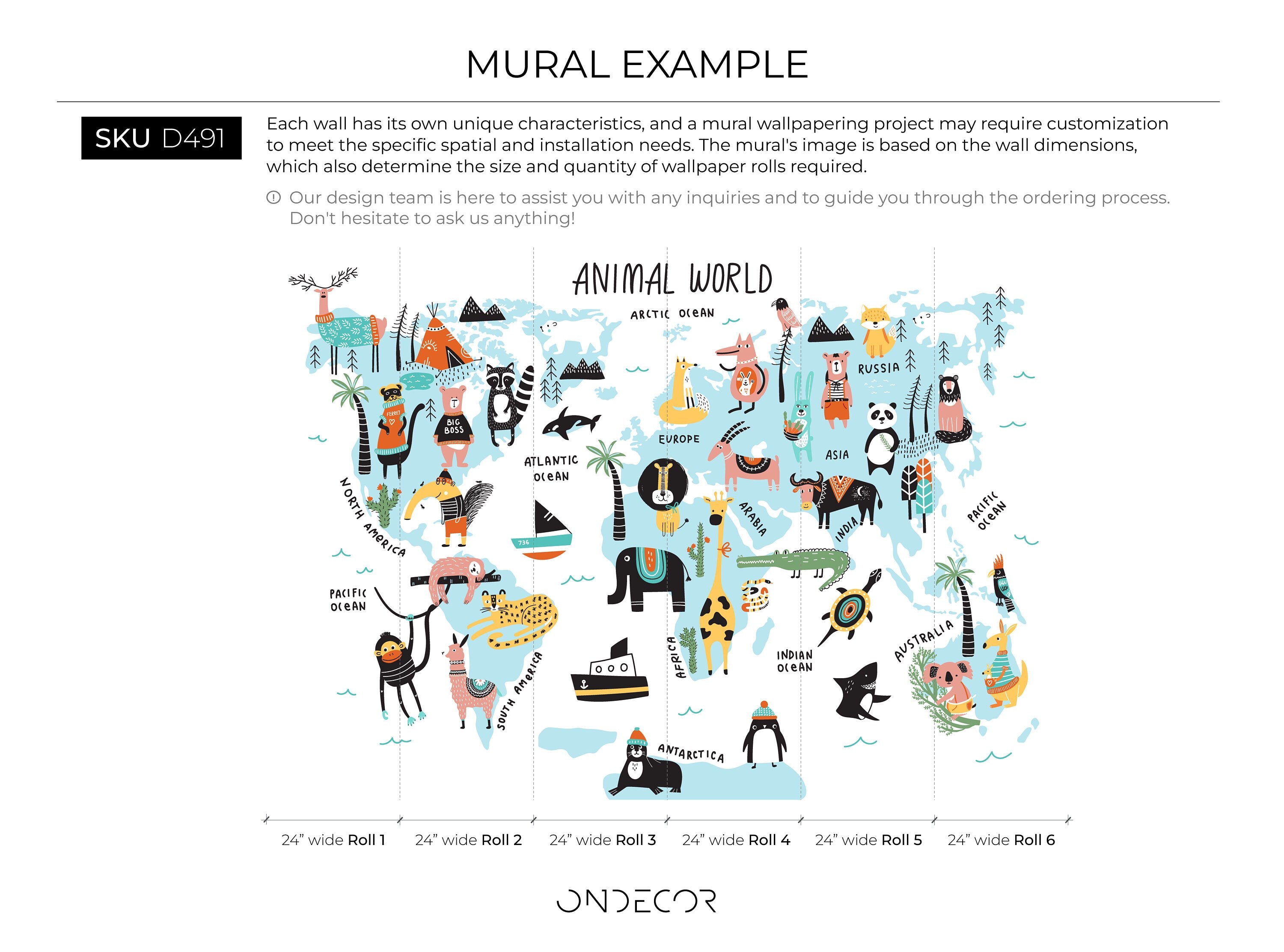 Kids World Map Wallpaper With Illustrated Animals In Blue, Black, And Orange - D491