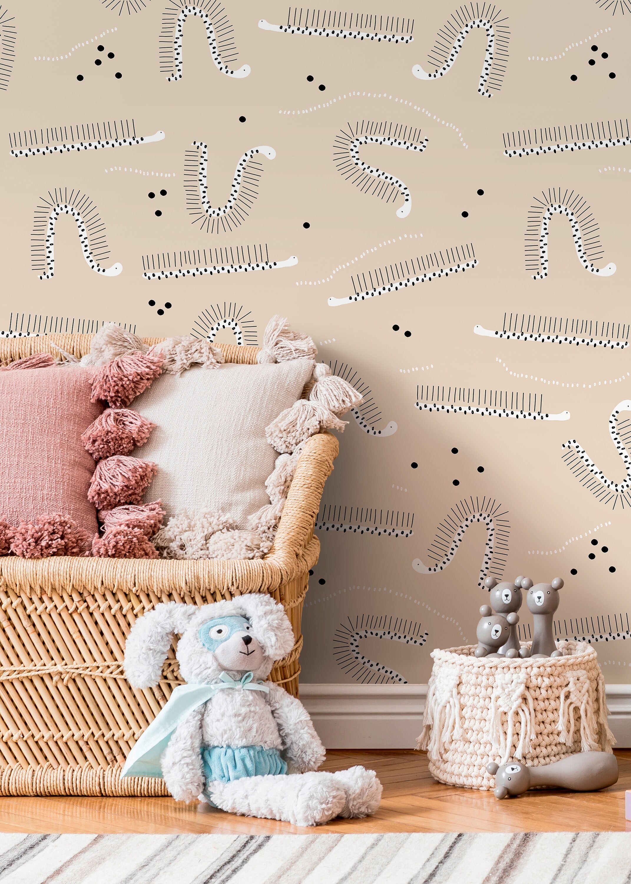 Animal Wallpaper Featuring Minimalist Caterpillars In Beige, Black, And White - D406