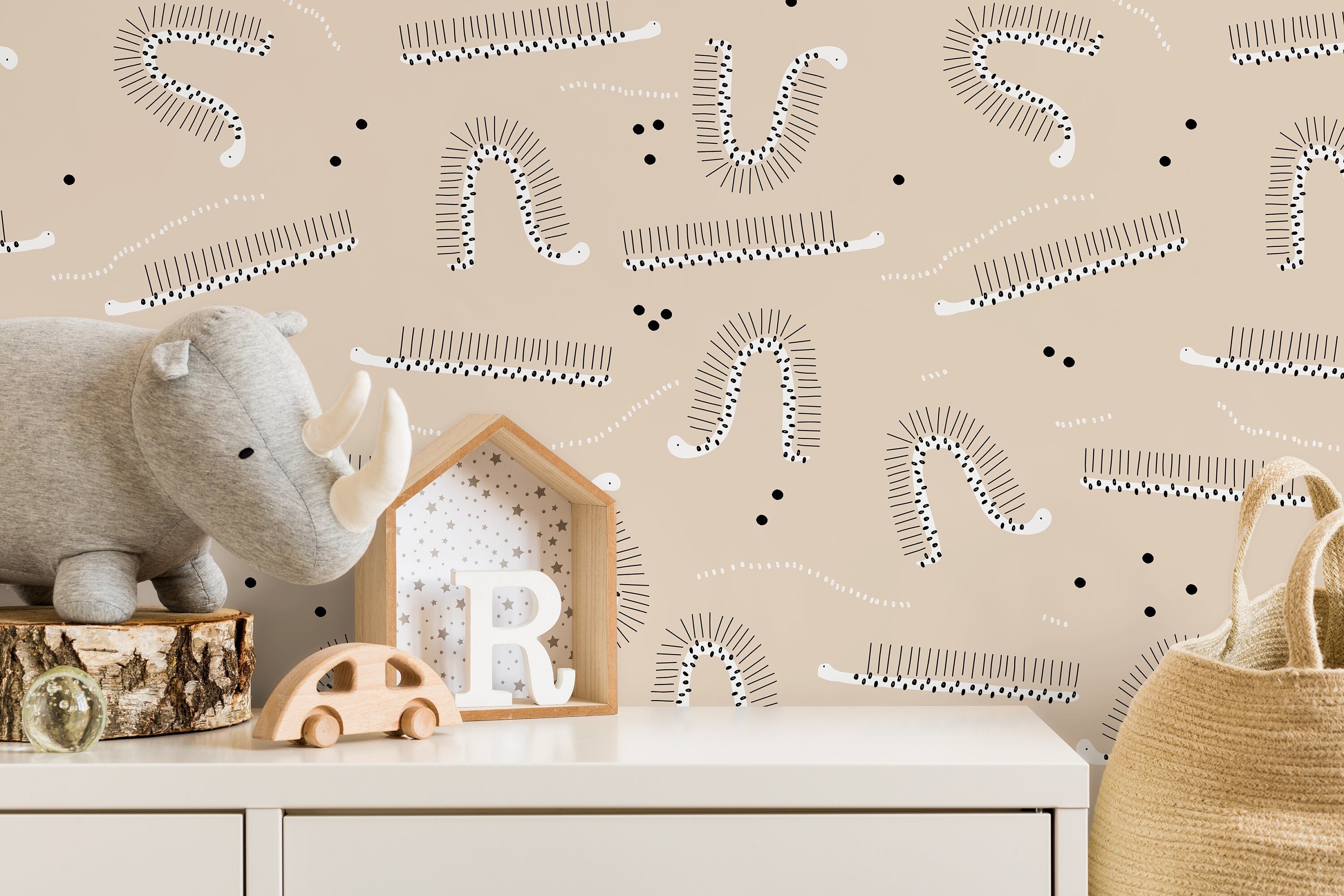 Animal Wallpaper Featuring Minimalist Caterpillars In Beige, Black, And White - D406