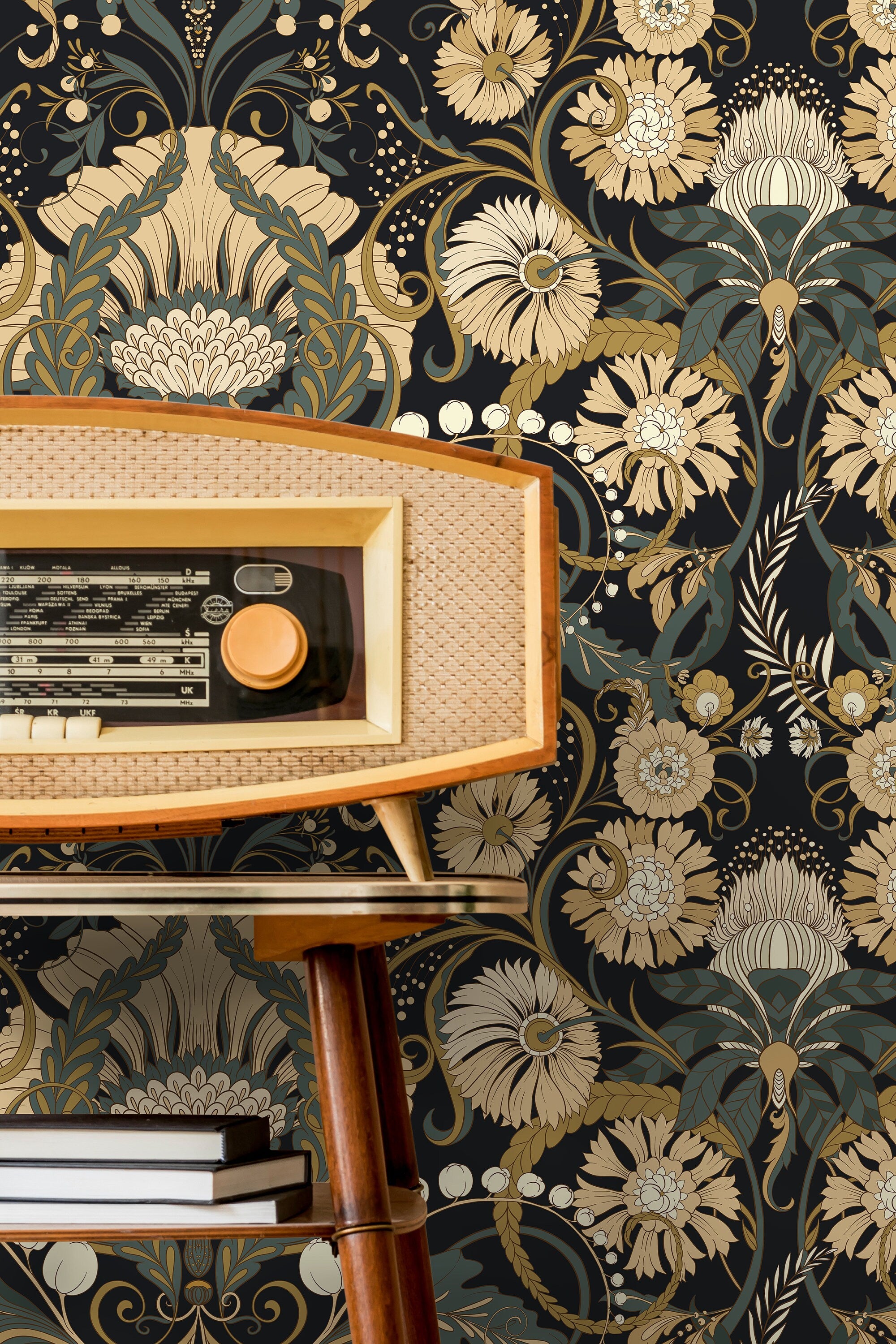 Art Nouveau Wallpaper With Symmetrical Botanicals In Dark Green, Beige, And Black - D410