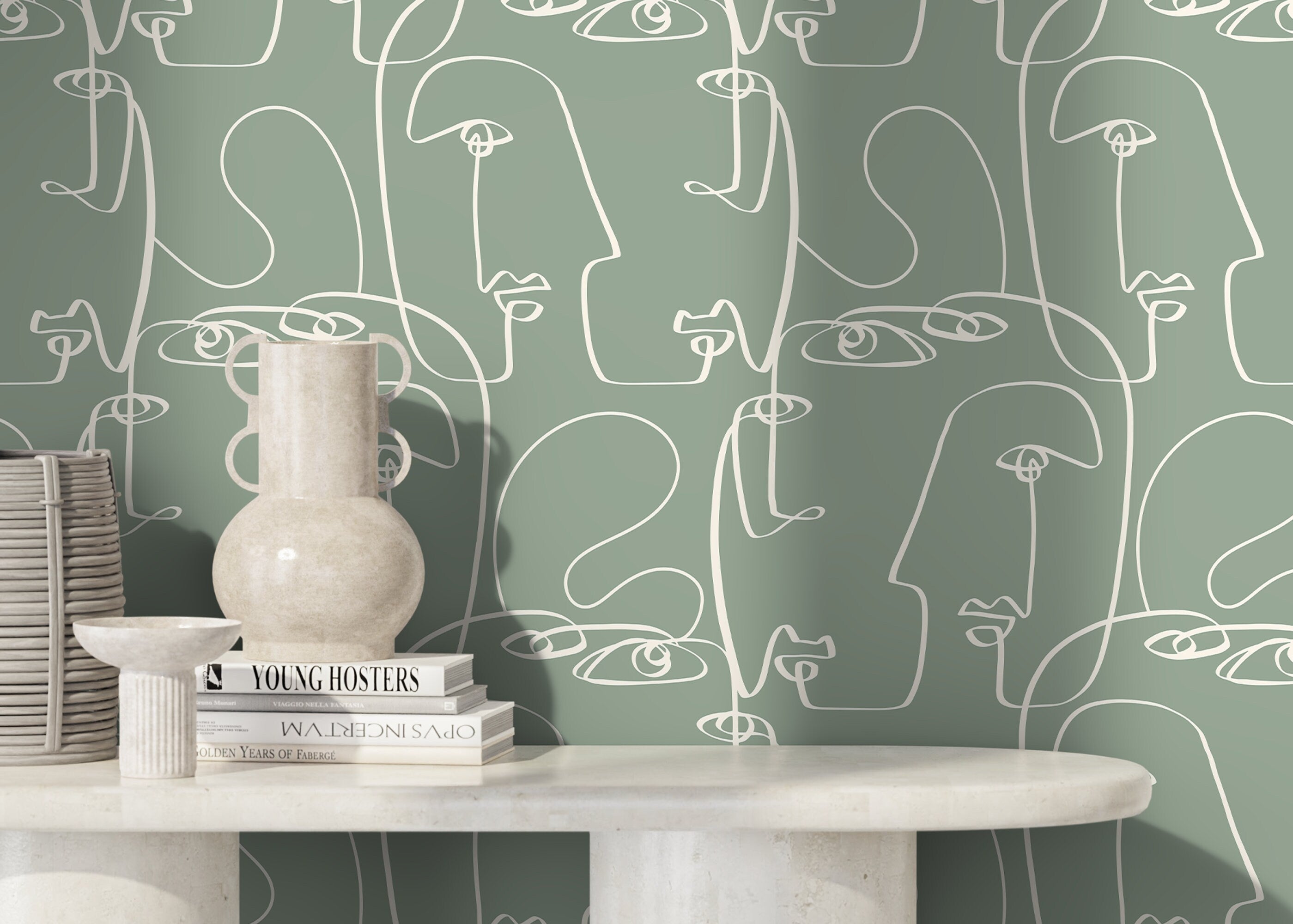Line Art Wallpaper Featuring Abstract Faces In Green And White - D493