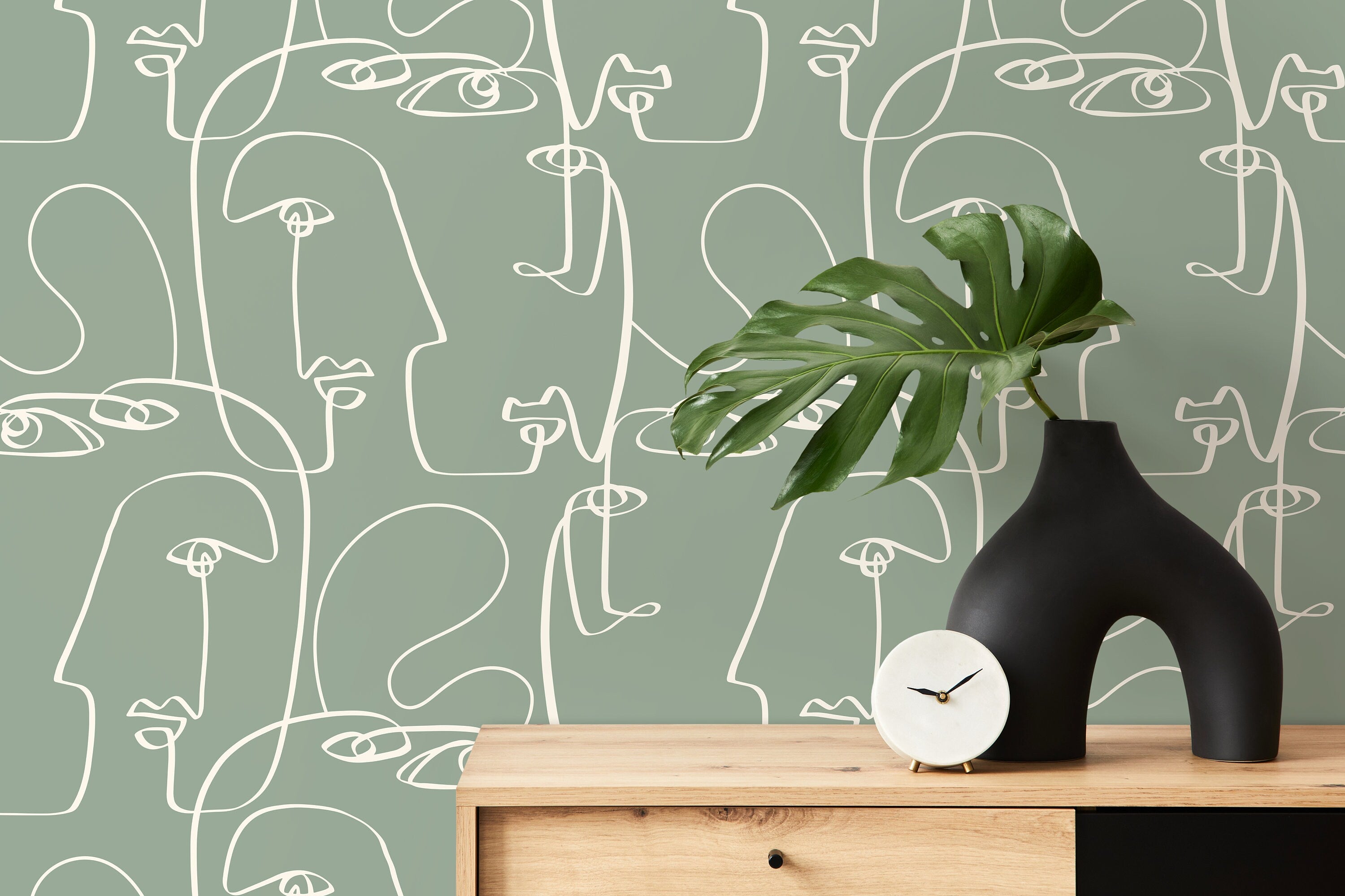 Line Art Wallpaper Featuring Abstract Faces In Green And White - D493