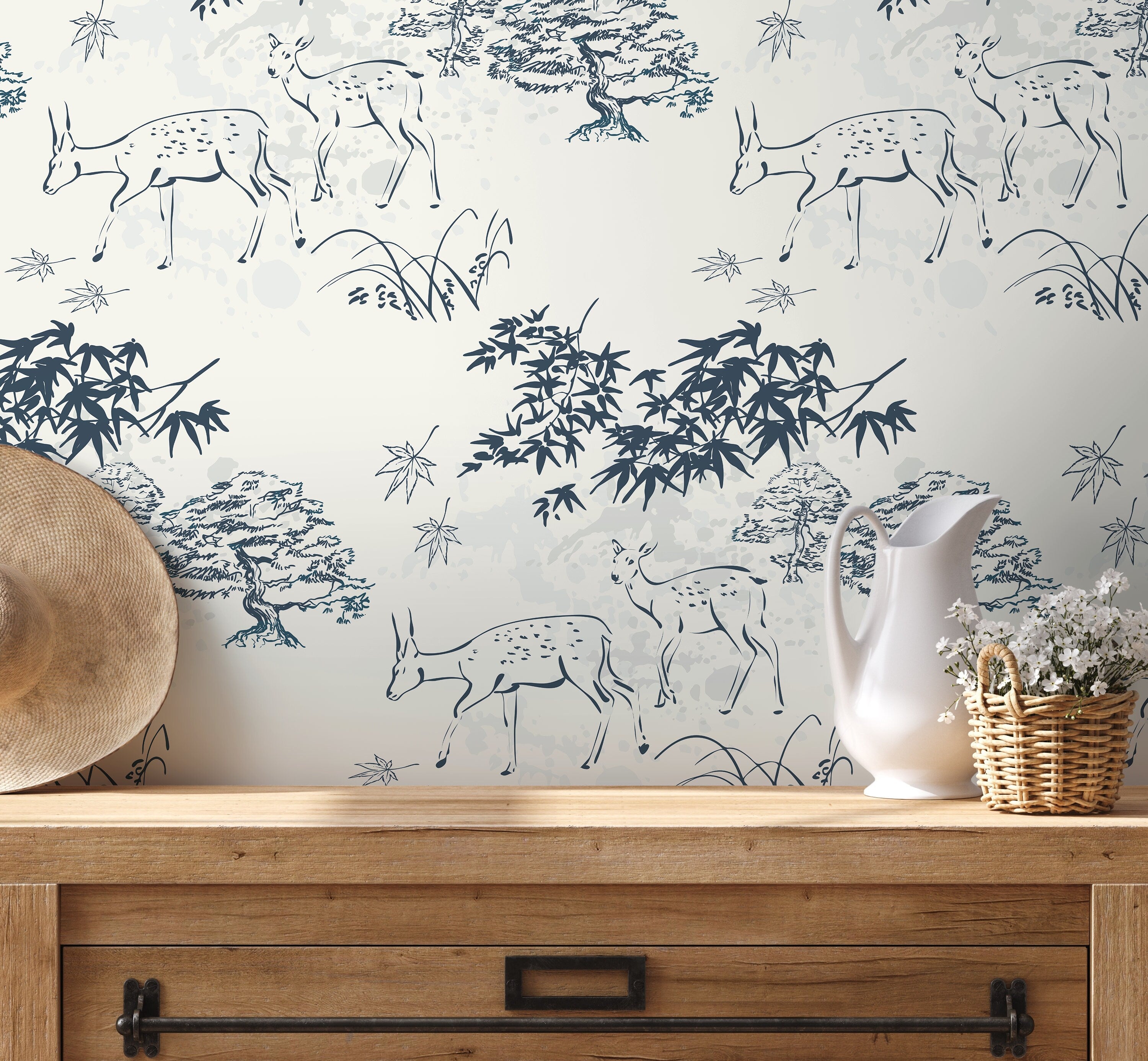 Japanese Wallpaper Featuring Illustrated Deer And Bonsai Trees In Blue And Grey - D496