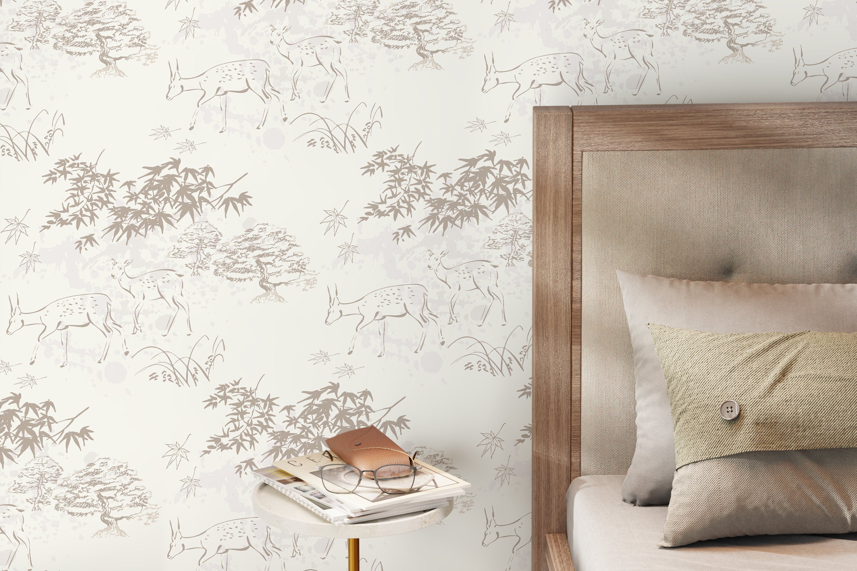 Japanese Wallpaper With A Sketched Deer And Forest Motif In Taupe And Cream - D497