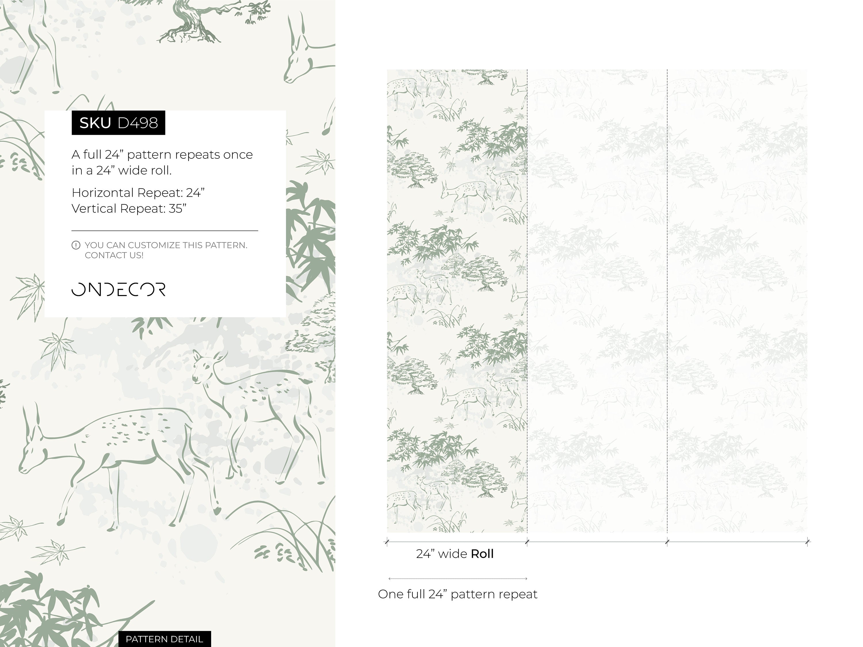 Japanese Wallpaper With A Serene Deer And Forest Motif In Sage Green And Light Gray - D498
