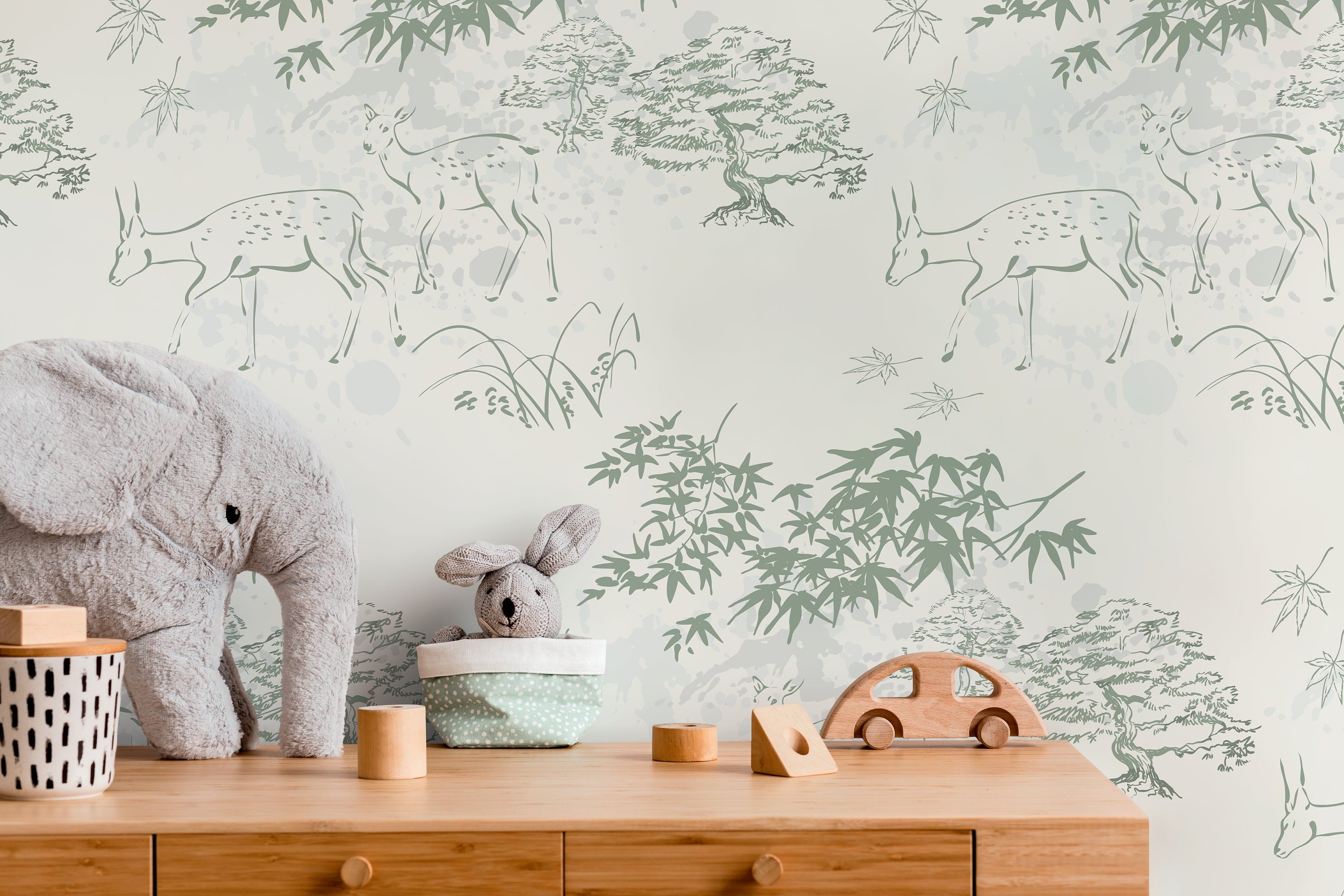 Japanese Wallpaper With A Serene Deer And Forest Motif In Sage Green And Light Gray - D498