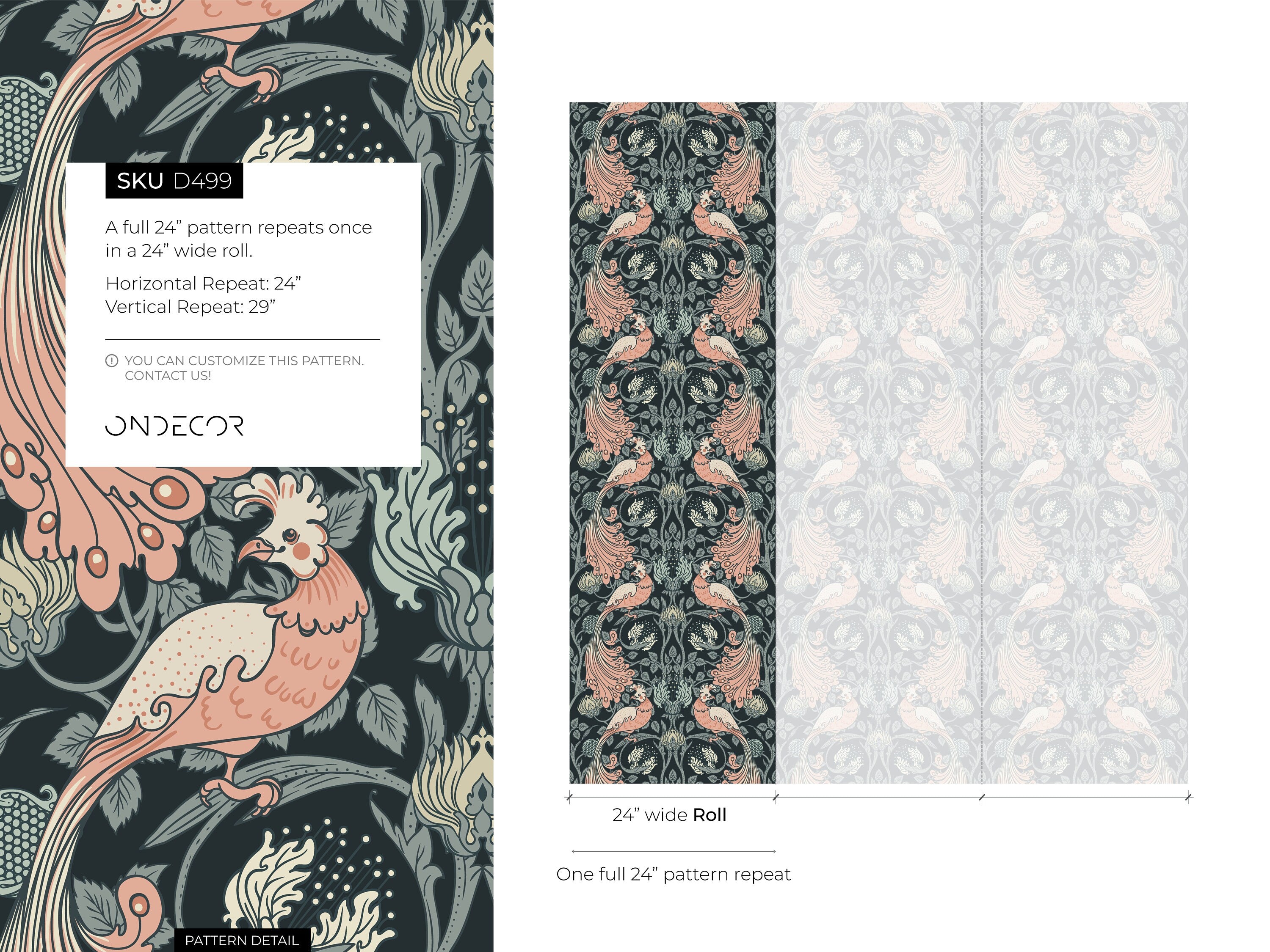 Art Nouveau Wallpaper With A Bird Motif In Pink, Green, And Black - D499