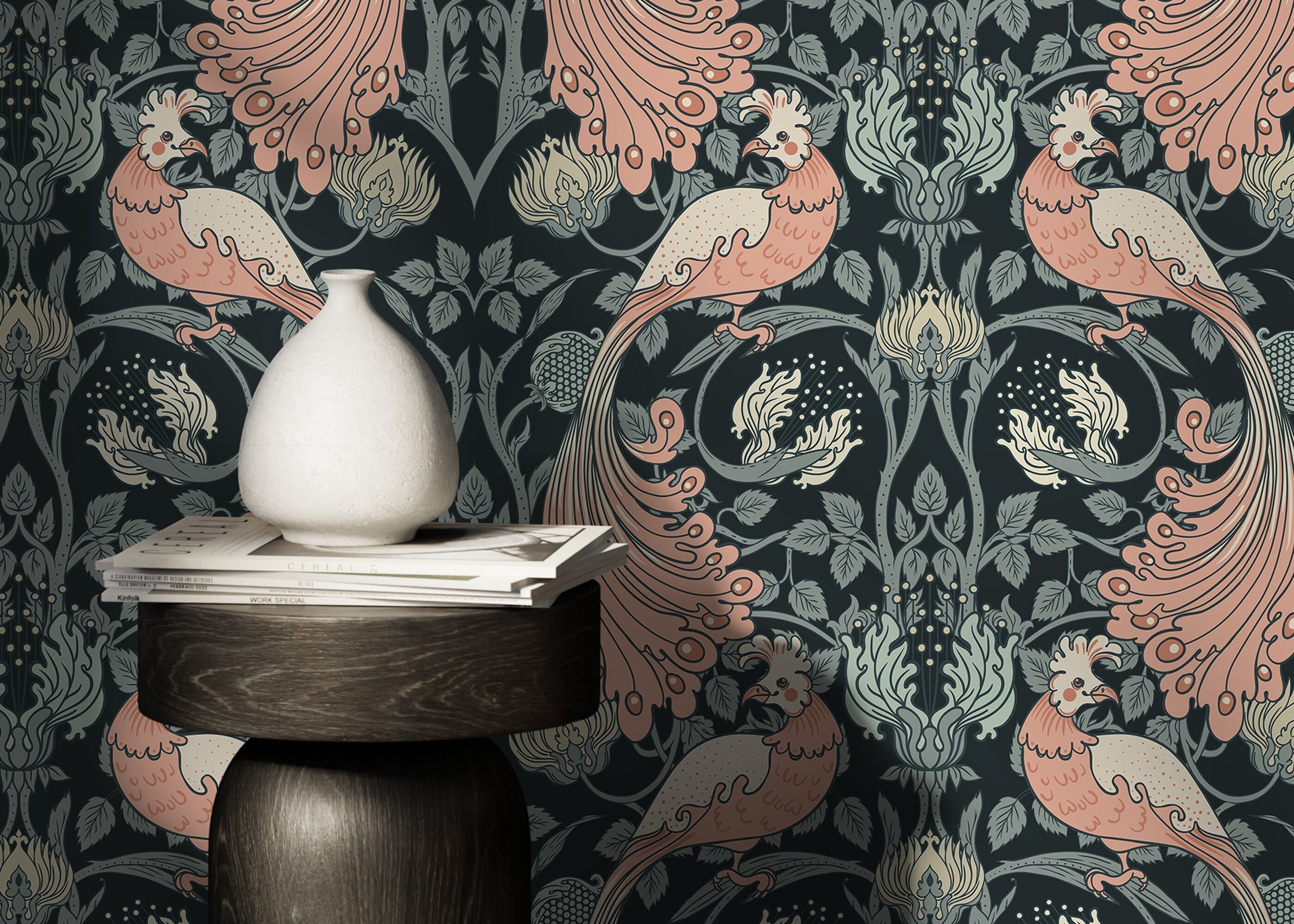 Art Nouveau Wallpaper With A Bird Motif In Pink, Green, And Black - D499