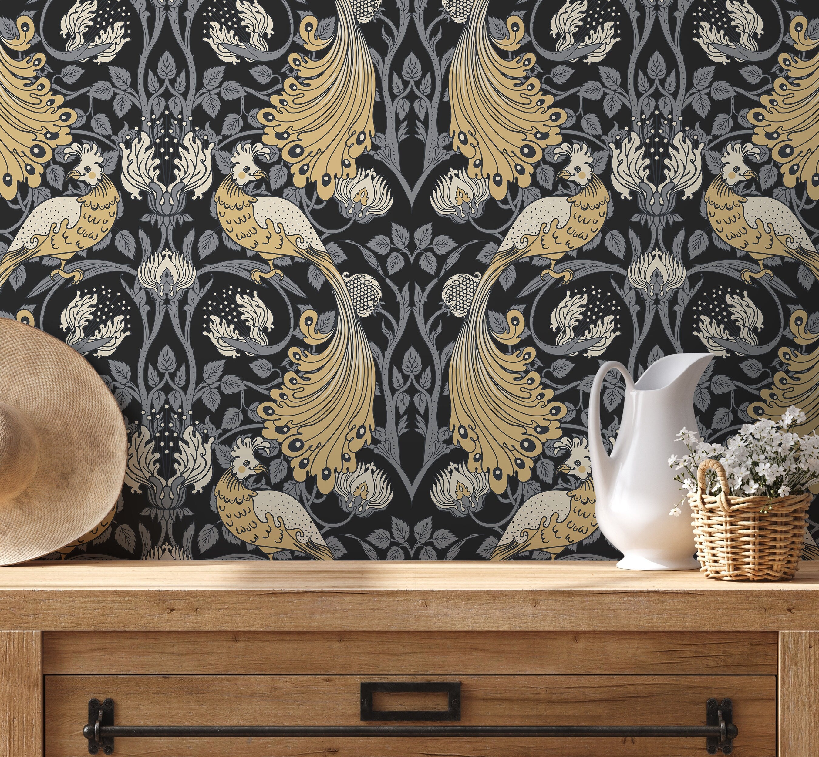 Art Nouveau Wallpaper With Stylized Birds In Yellow, Gray, And Black - D500