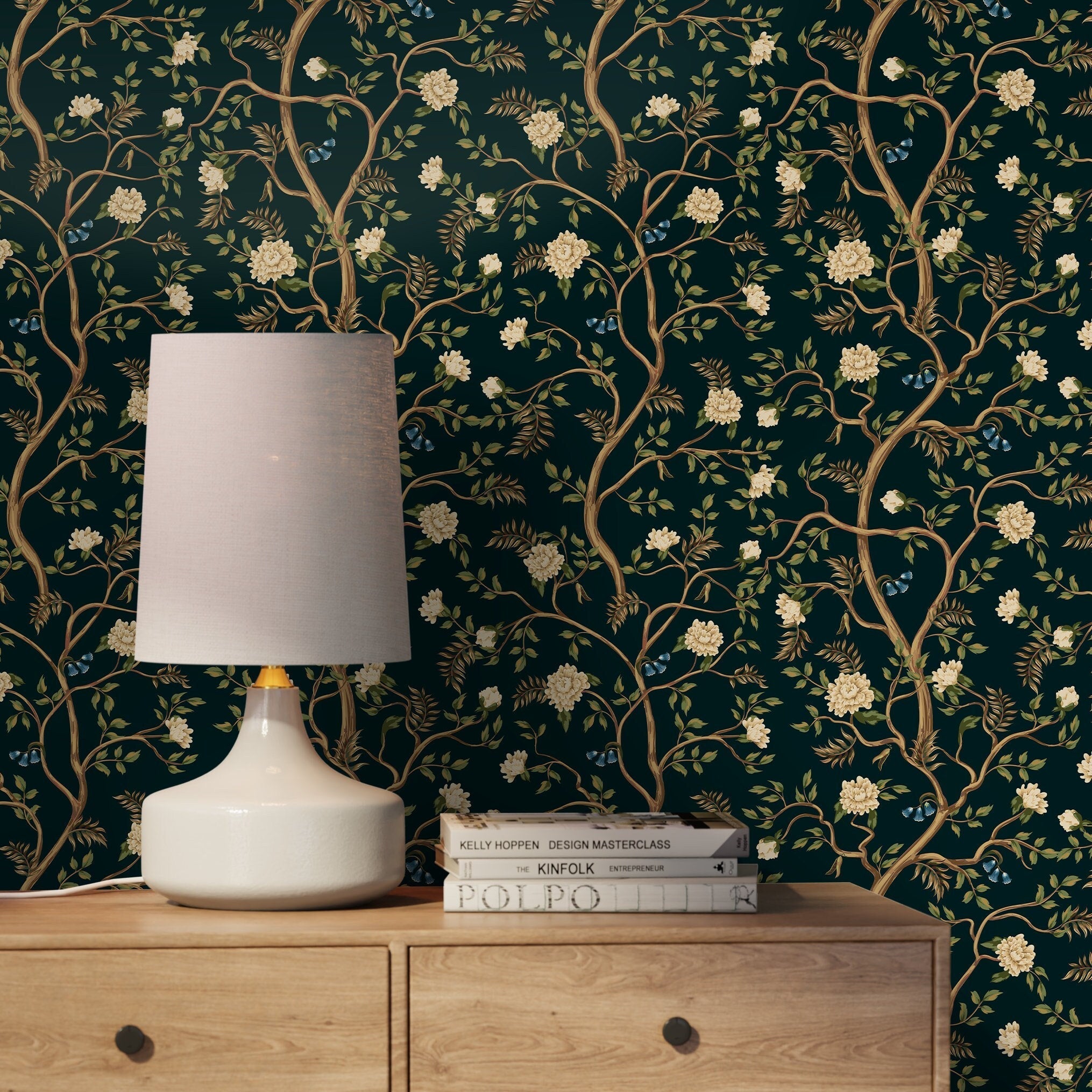 Chinoiserie Wallpaper With A Floral Garden Motif In Dark Teal And Cream - D501