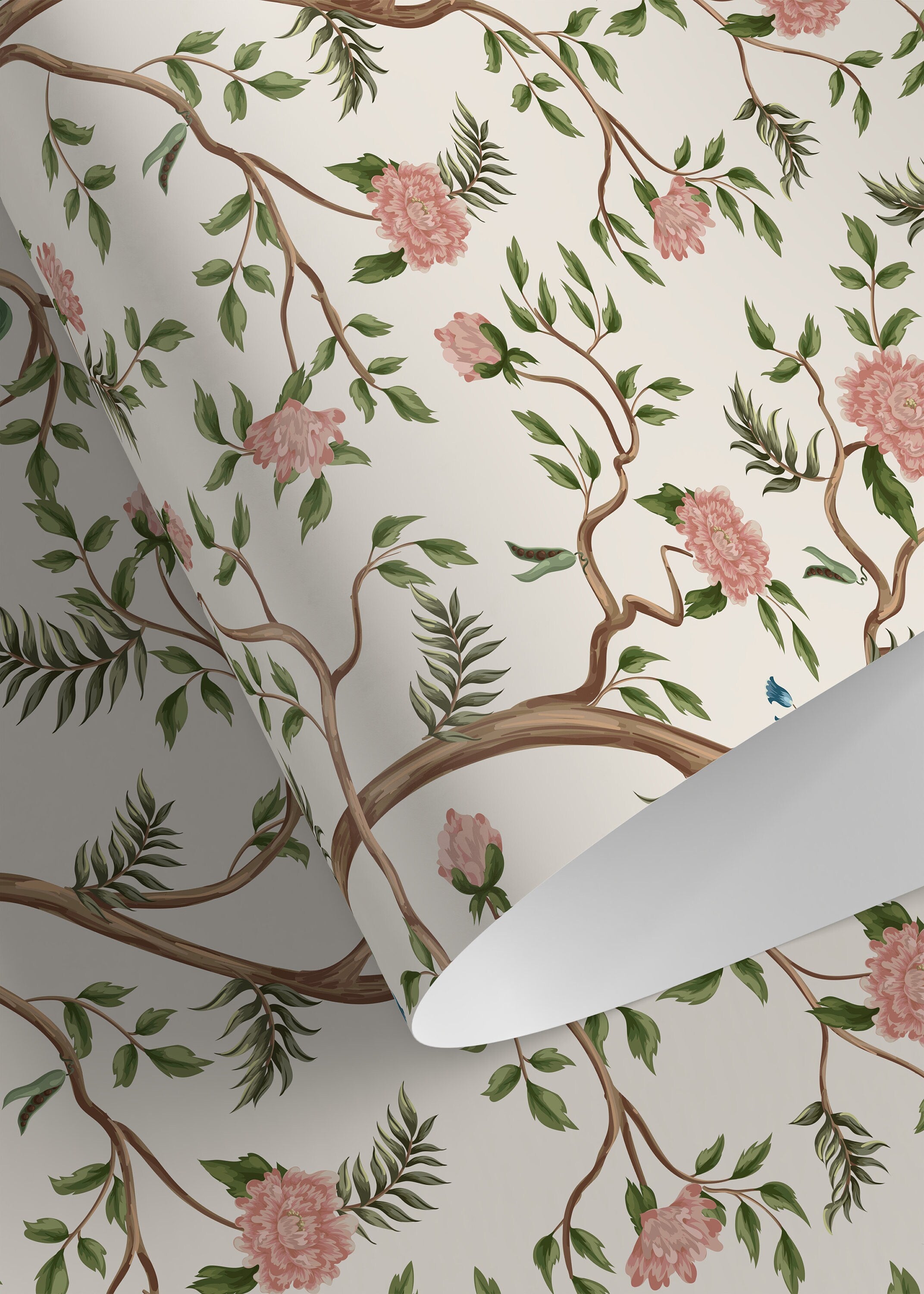 Chinoiserie Wallpaper With A Blooming Tree Motif In Pink, Blue, And Green - D502