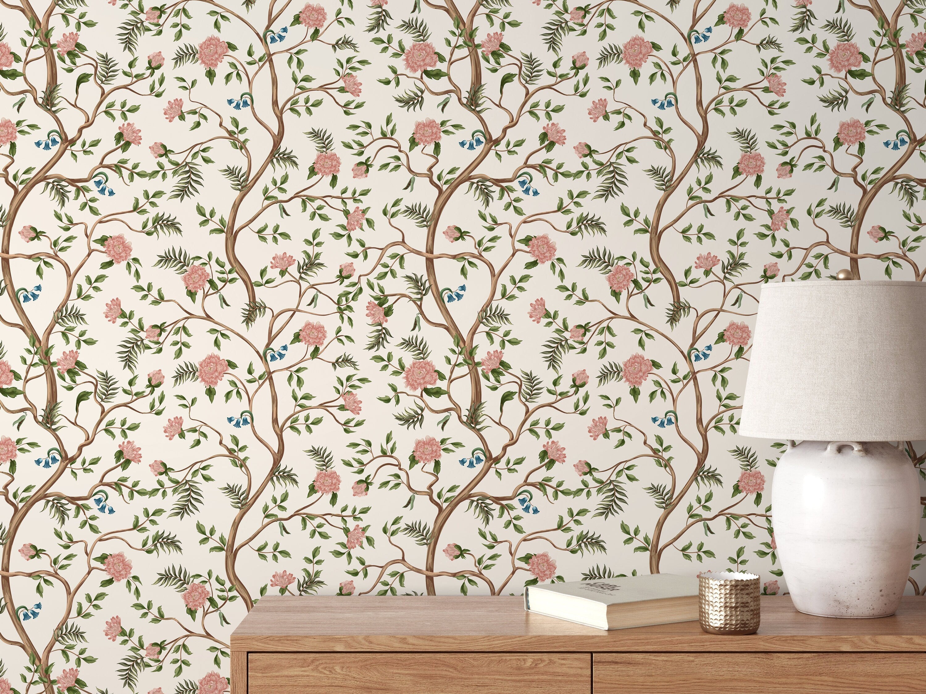 Chinoiserie Wallpaper With A Blooming Tree Motif In Pink, Blue, And Green - D502
