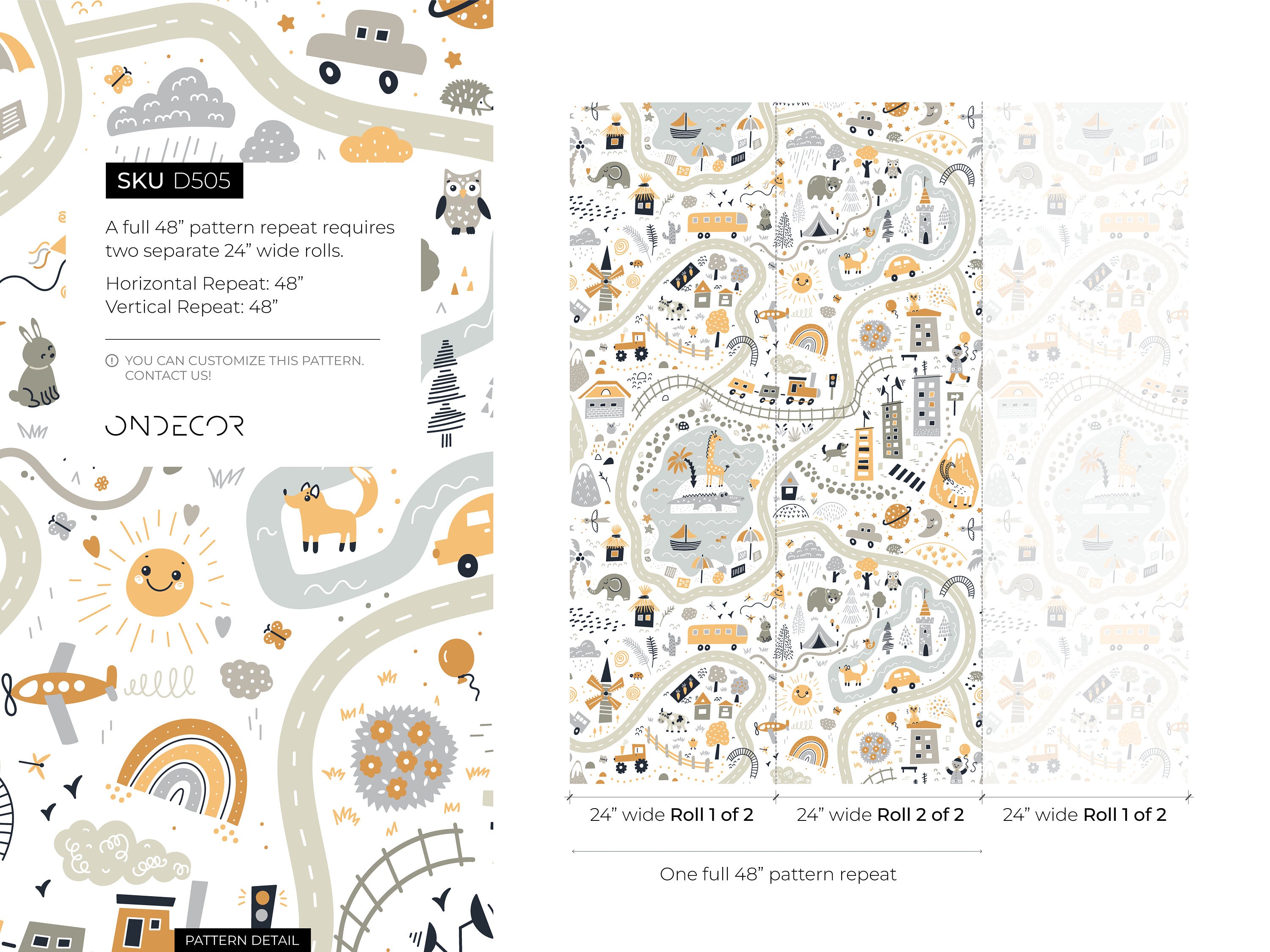 Nursery Map Wallpaper With A Whimsical Town And Animals In Gray And Yellow - D505