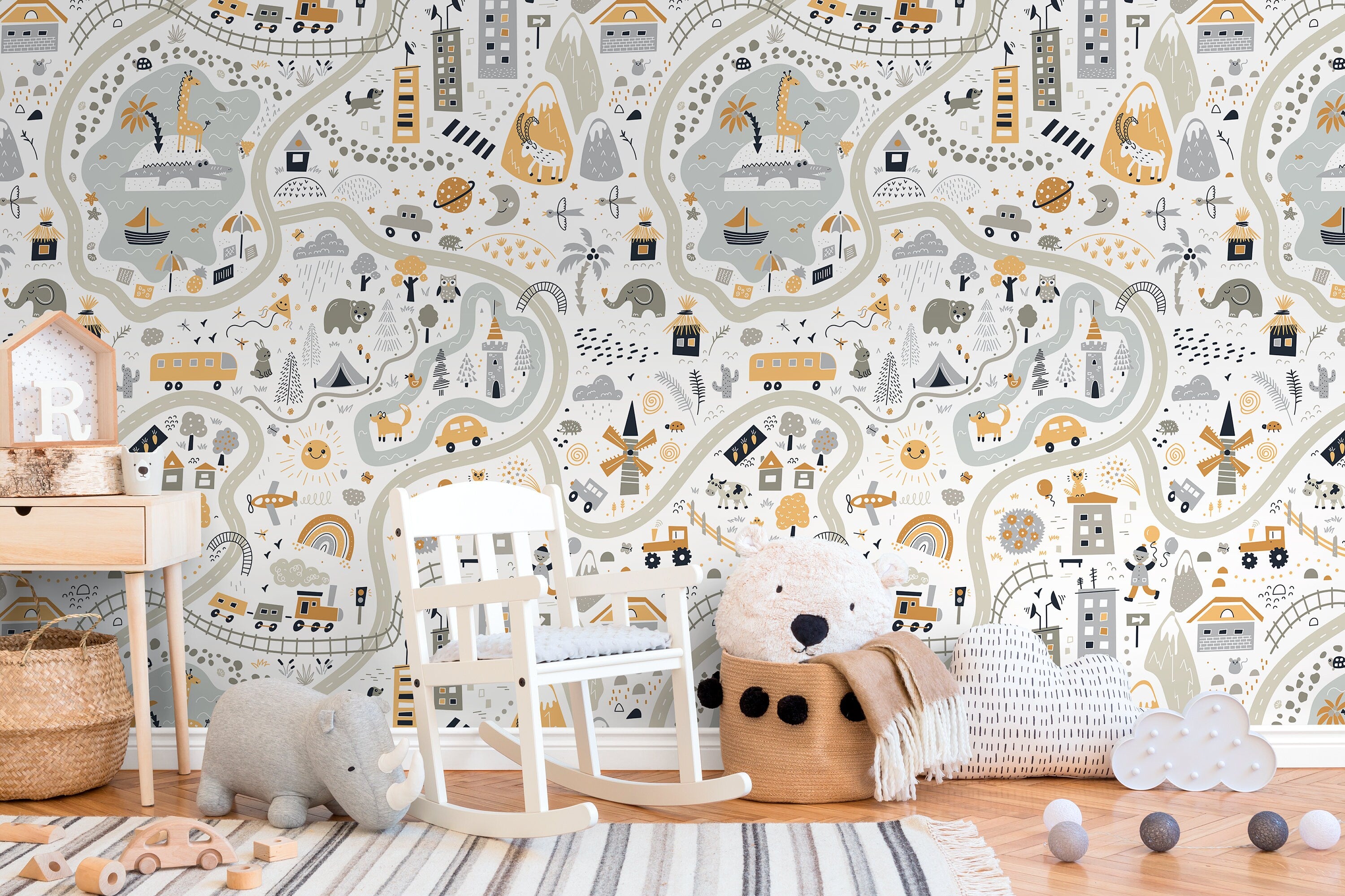 Nursery Map Wallpaper With A Whimsical Town And Animals In Gray And Yellow - D505