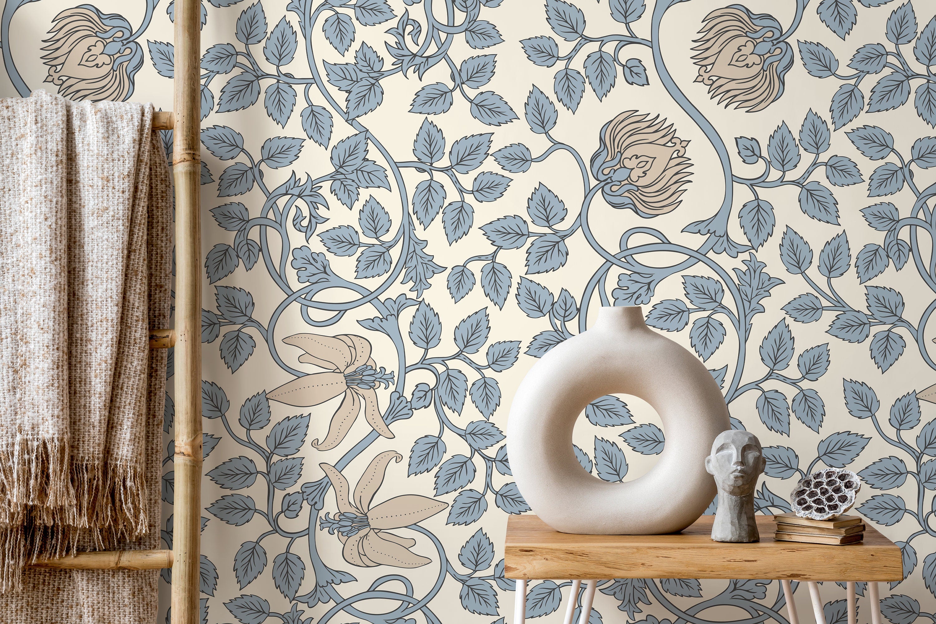 William Morris Wallpaper With Trailing Floral Vines In Light Blue And Beige - D506
