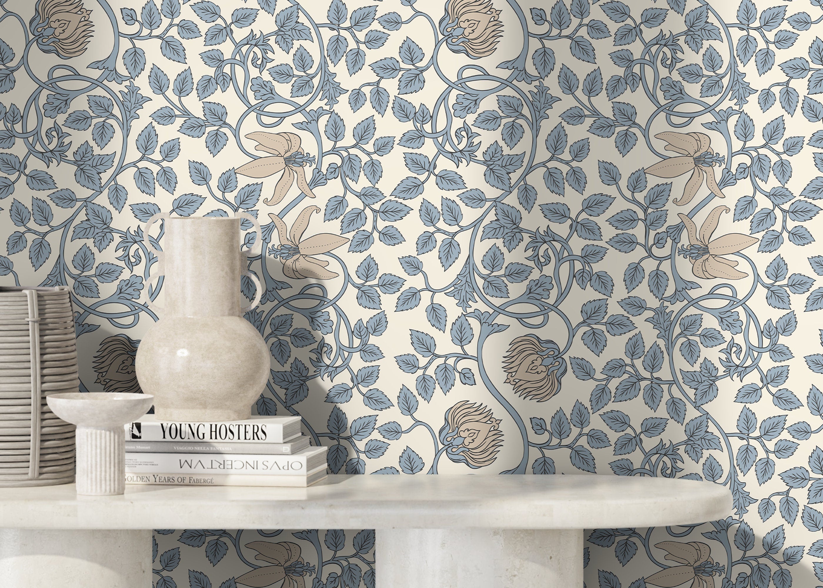 William Morris Wallpaper With Trailing Floral Vines In Light Blue And Beige - D506