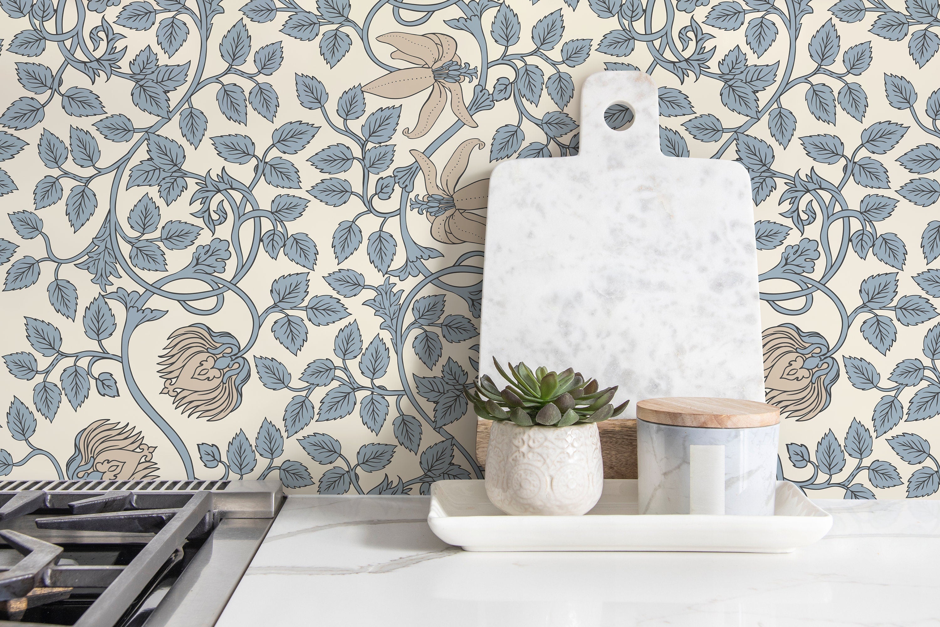 William Morris Wallpaper With Trailing Floral Vines In Light Blue And Beige - D506