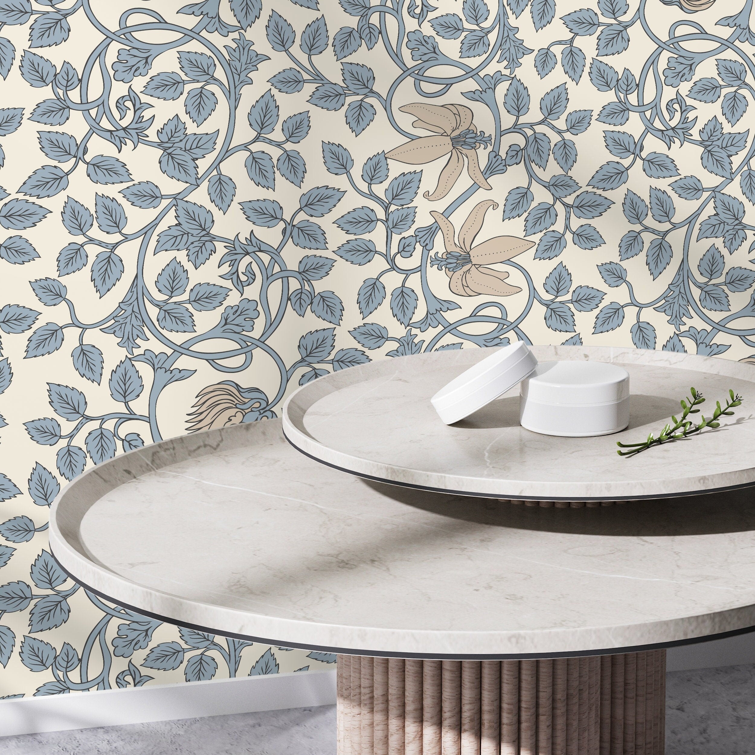 William Morris Wallpaper With Trailing Floral Vines In Light Blue And Beige - D506