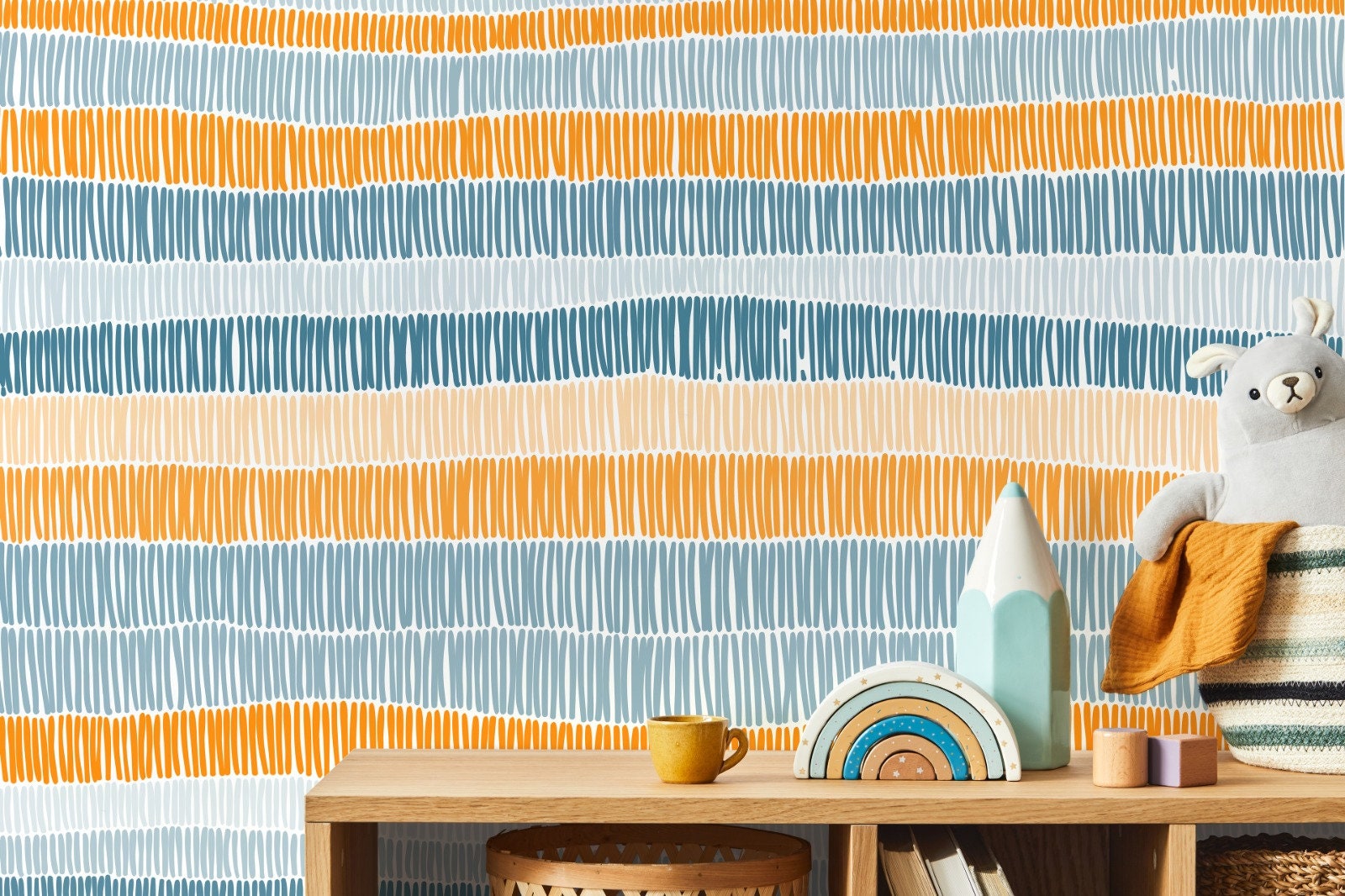 Abstract Wallpaper With Hand-drawn Stripes In Blue, Orange, And Yellow - D508