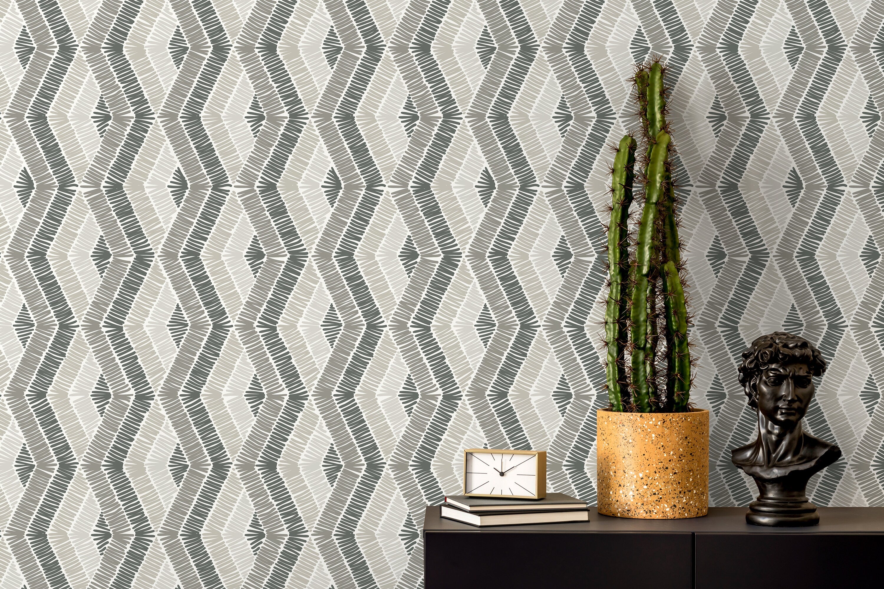 Geometric Wallpaper With A Hatched Diamond Motif In Shades Of Gray - D511
