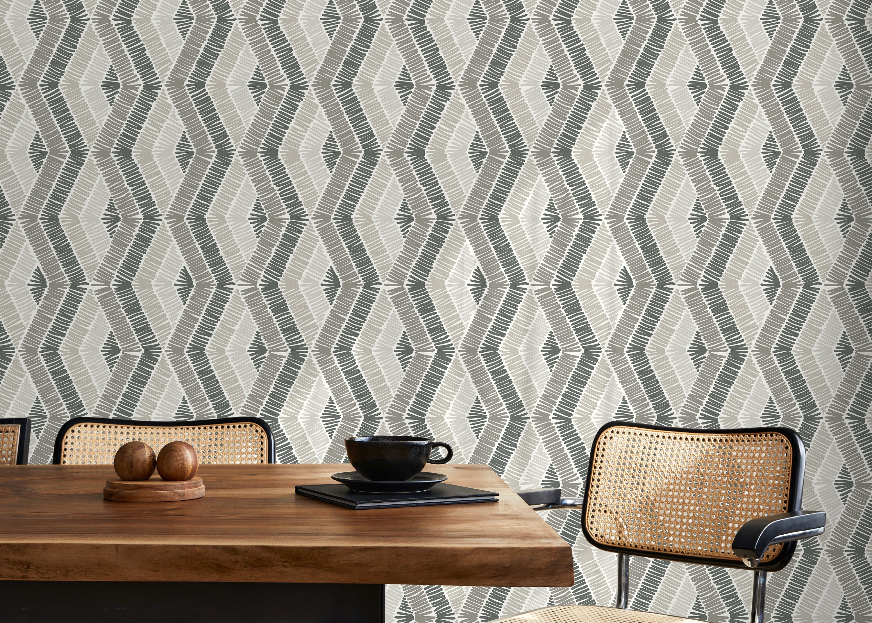 Geometric Wallpaper With A Hatched Diamond Motif In Shades Of Gray - D511