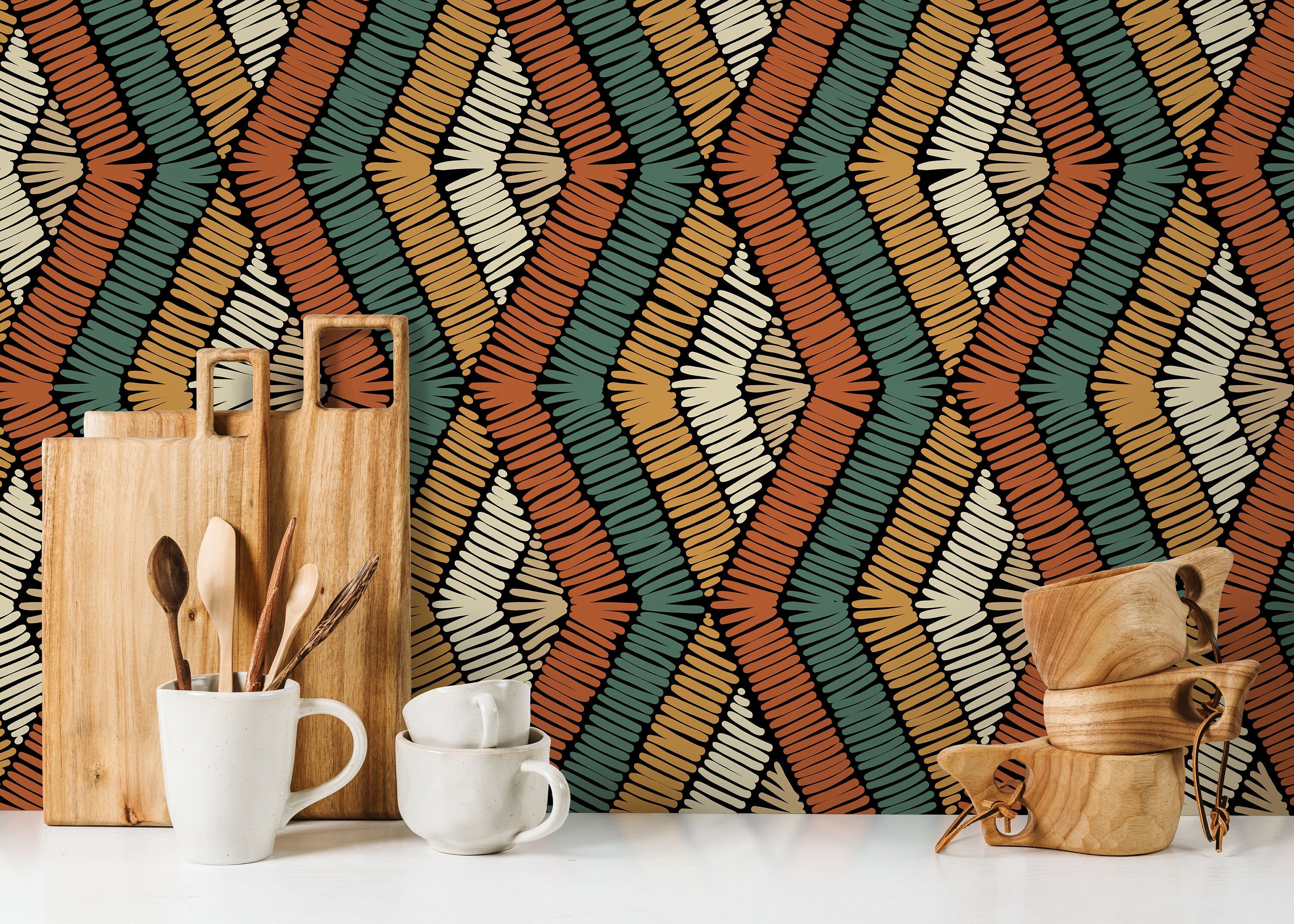 Geometric Wallpaper With A Stitched Diamond Motif In Orange, Teal, And Gold - D513