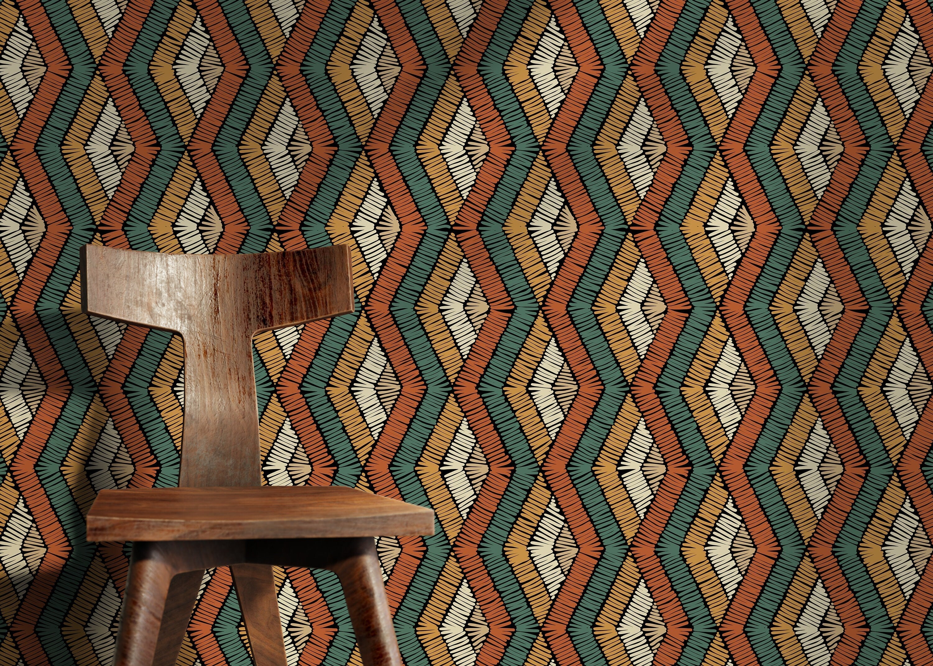 Geometric Wallpaper With A Stitched Diamond Motif In Orange, Teal, And Gold - D513