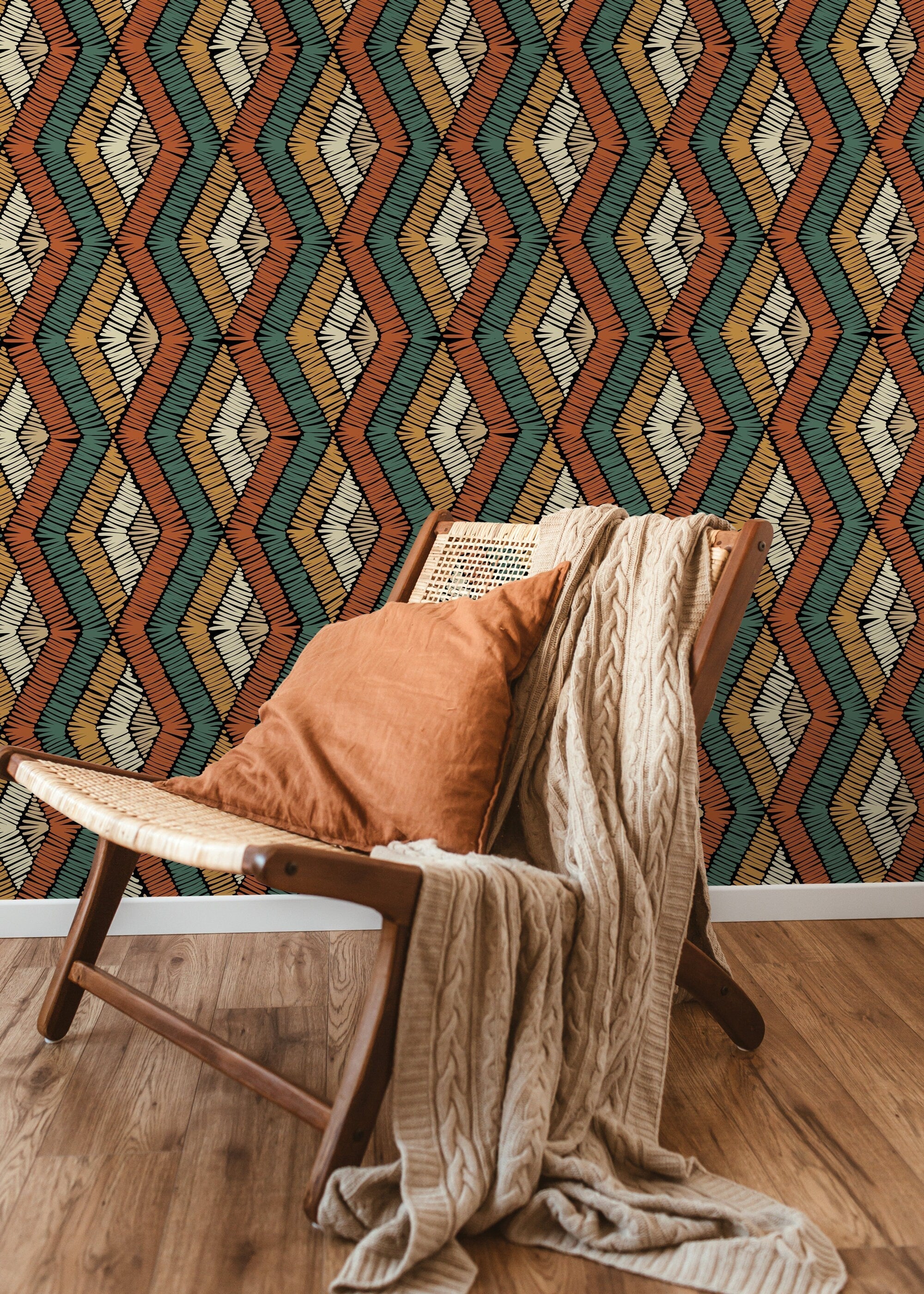 Geometric Wallpaper With A Stitched Diamond Motif In Orange, Teal, And Gold - D513