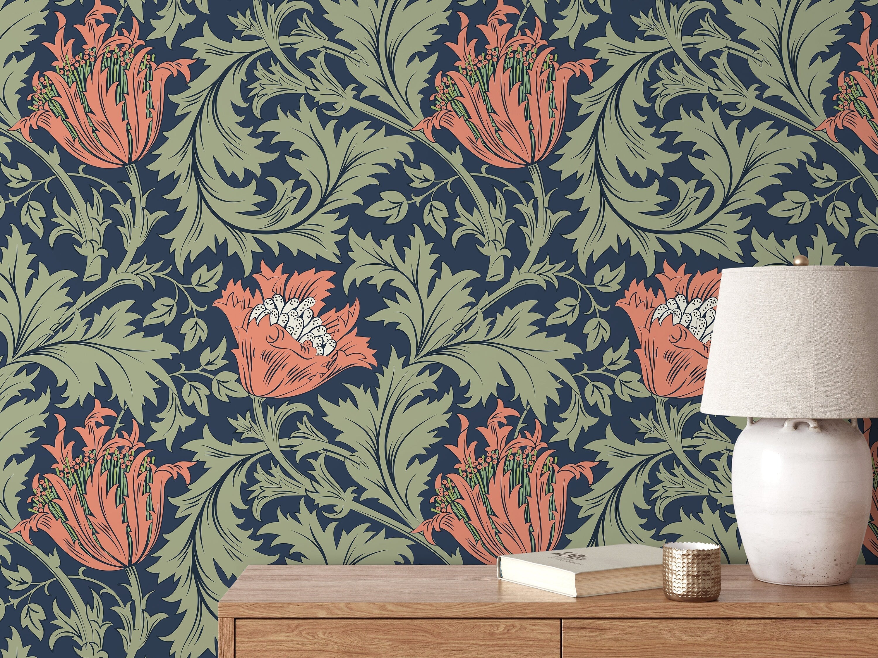 Floral Wallpaper With Stylized Tulips And Leaves In Navy, Coral, And Green - D514