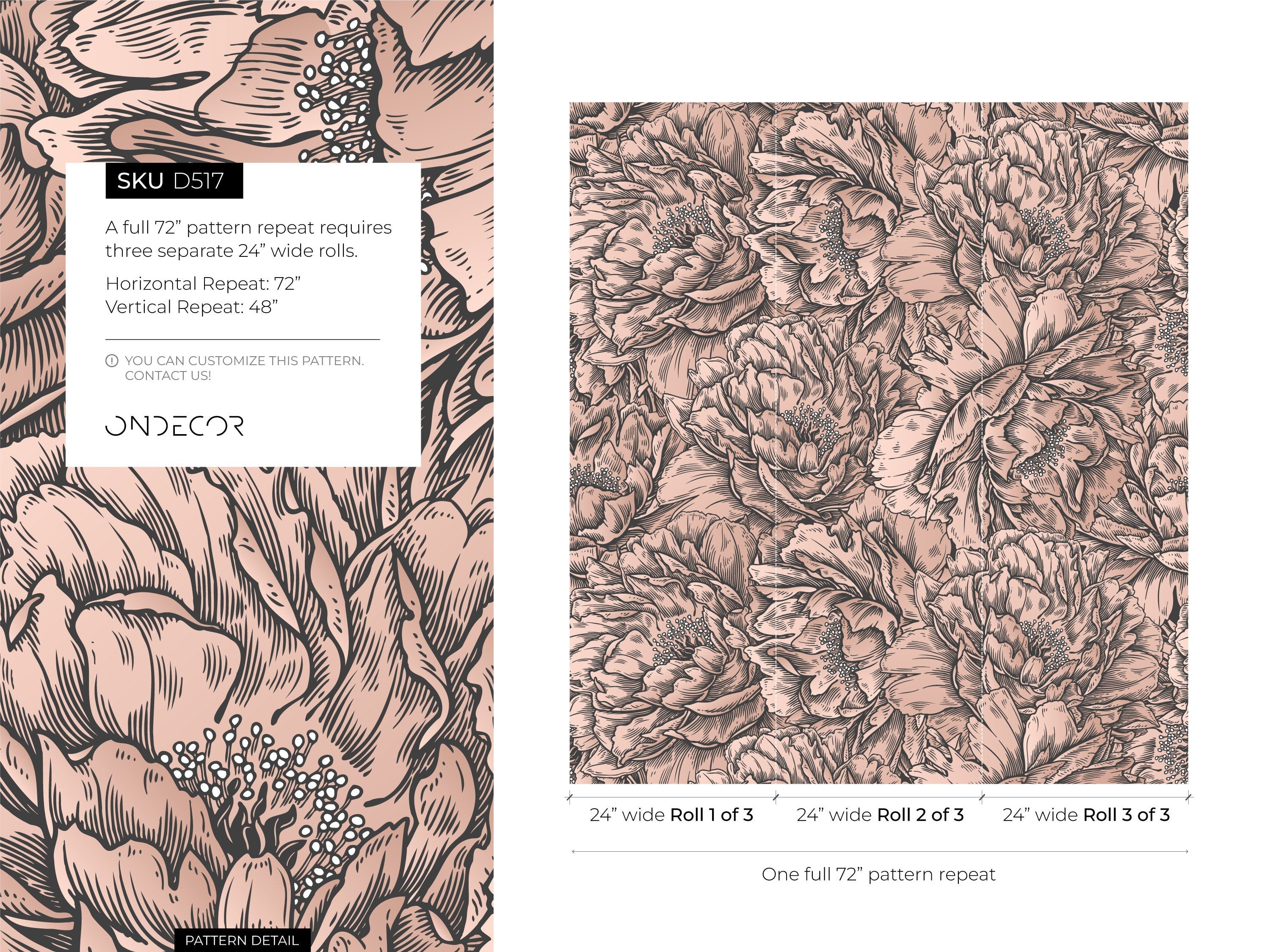 Floral Wallpaper With An Etched Peony Motif In Pink And Black - D517