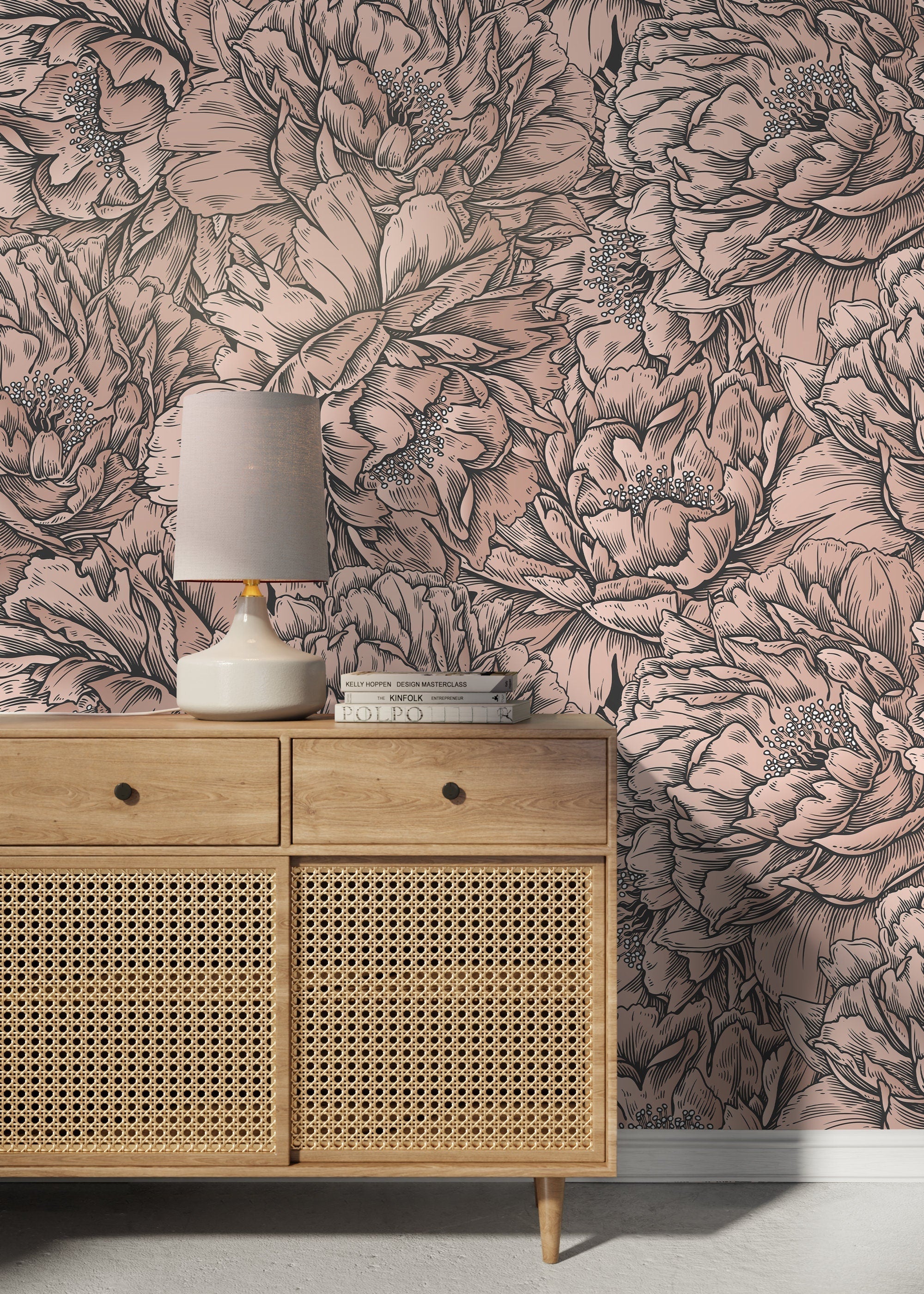 Floral Wallpaper With An Etched Peony Motif In Pink And Black - D517
