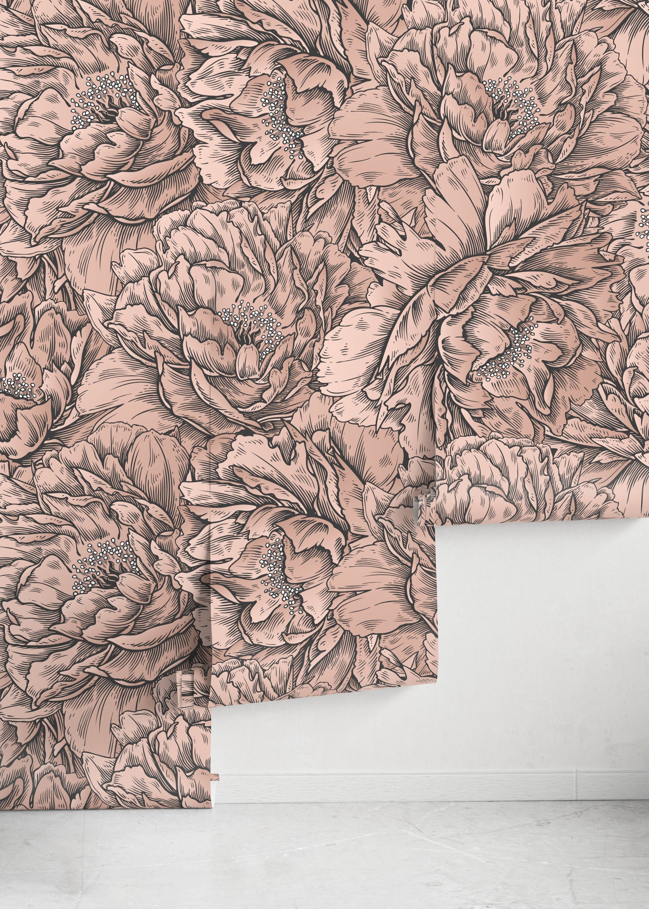 Floral Wallpaper With An Etched Peony Motif In Pink And Black - D517