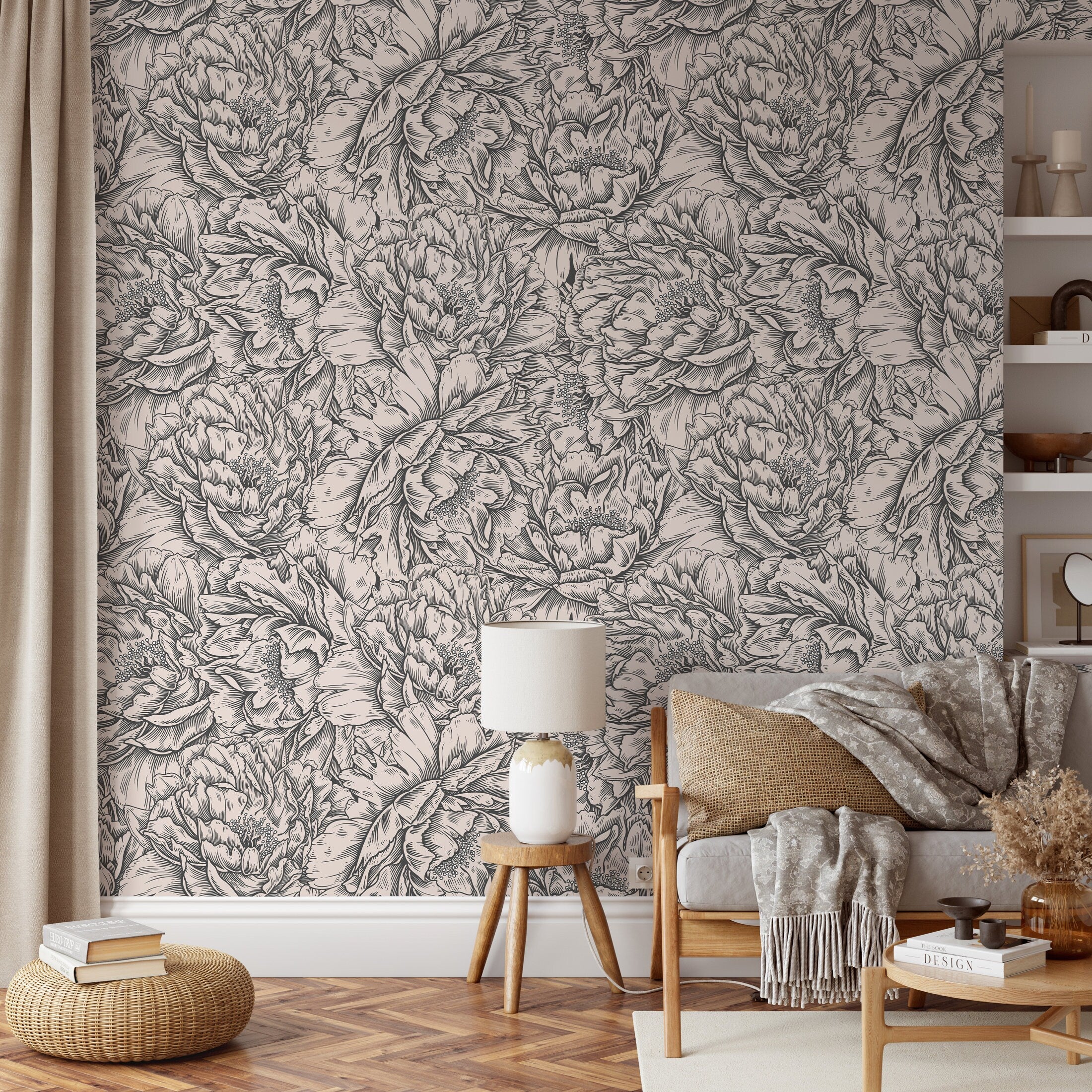 Floral Wallpaper With An Engraved Peony Motif In Gray And Beige - D518
