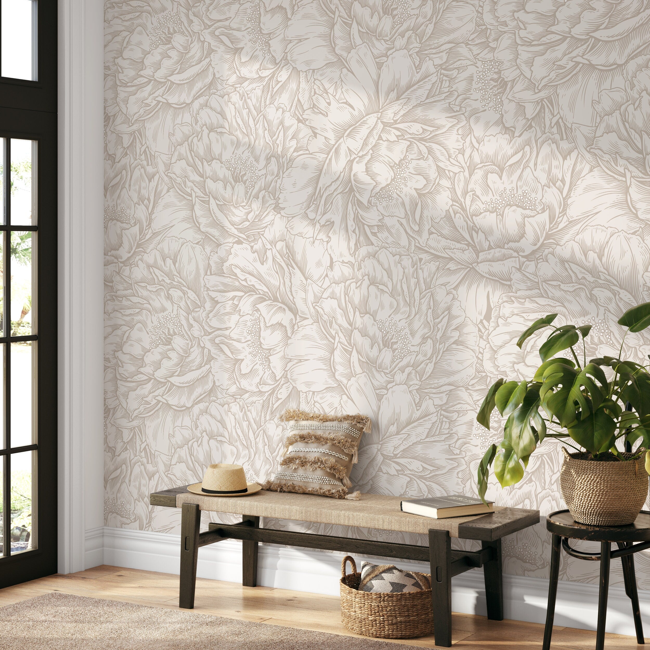 Floral Wallpaper With An Engraved Peony Motif In Beige And Cream - D520