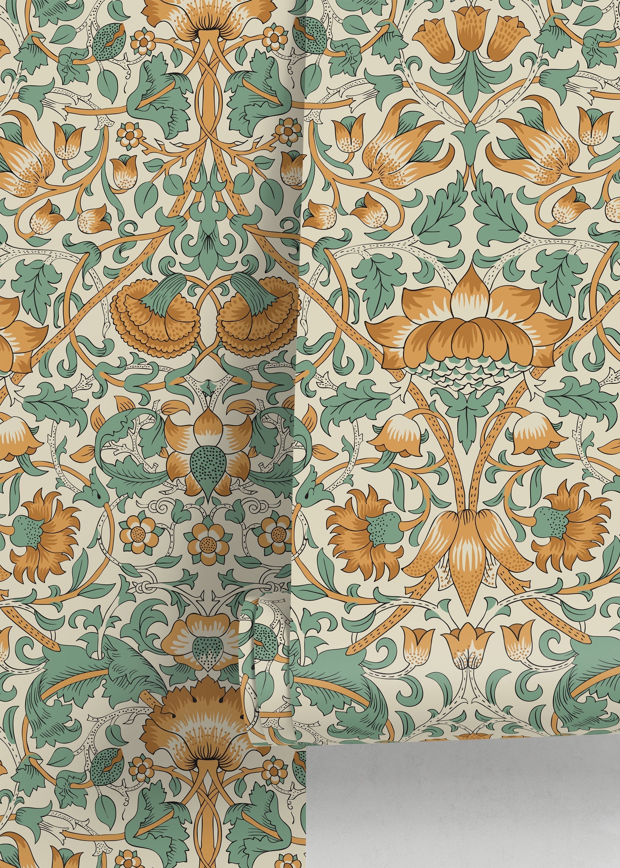 Art Nouveau Wallpaper With Stylized Florals In Orange And Green - D522