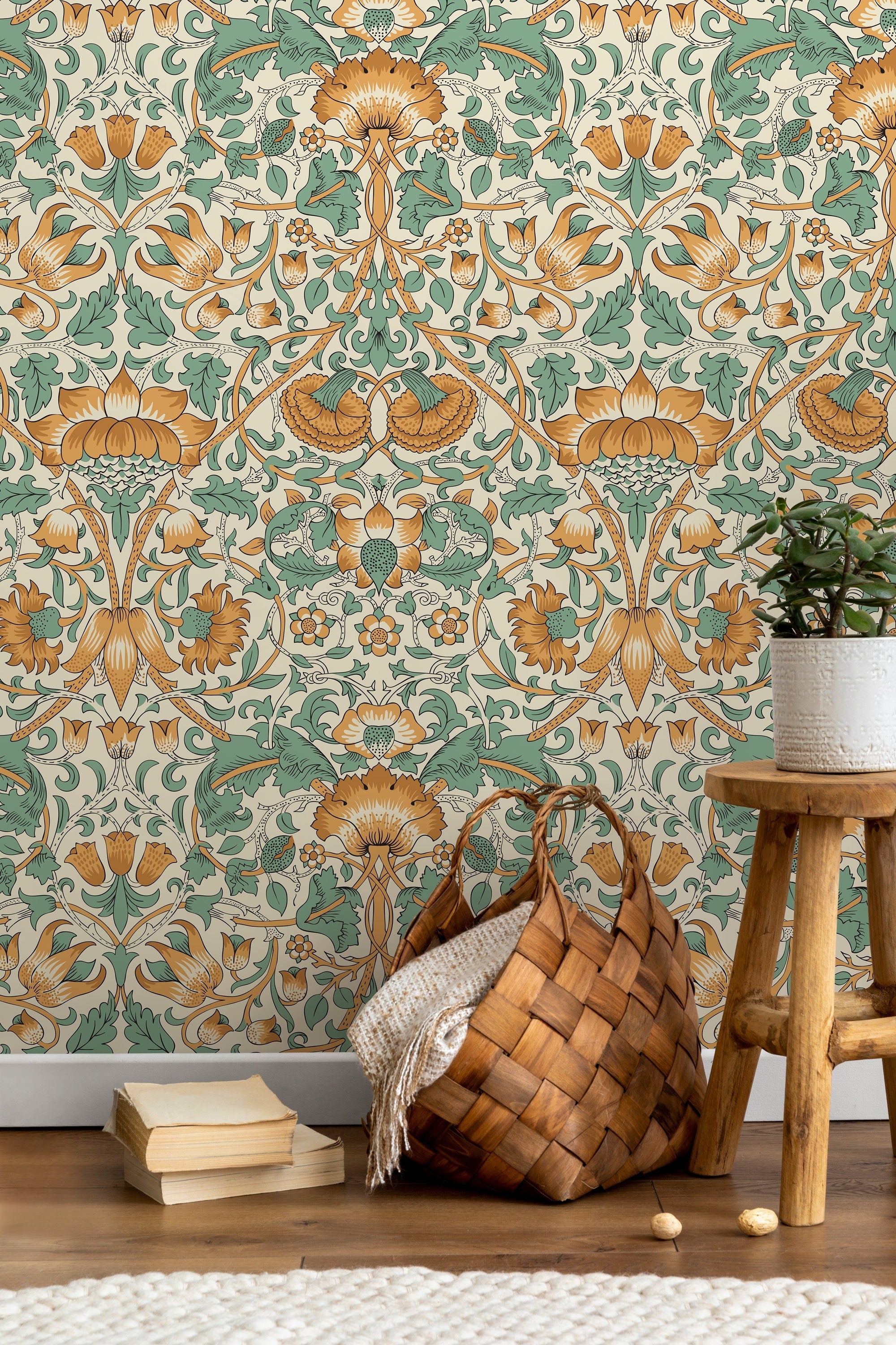 Art Nouveau Wallpaper With Stylized Florals In Orange And Green - D522