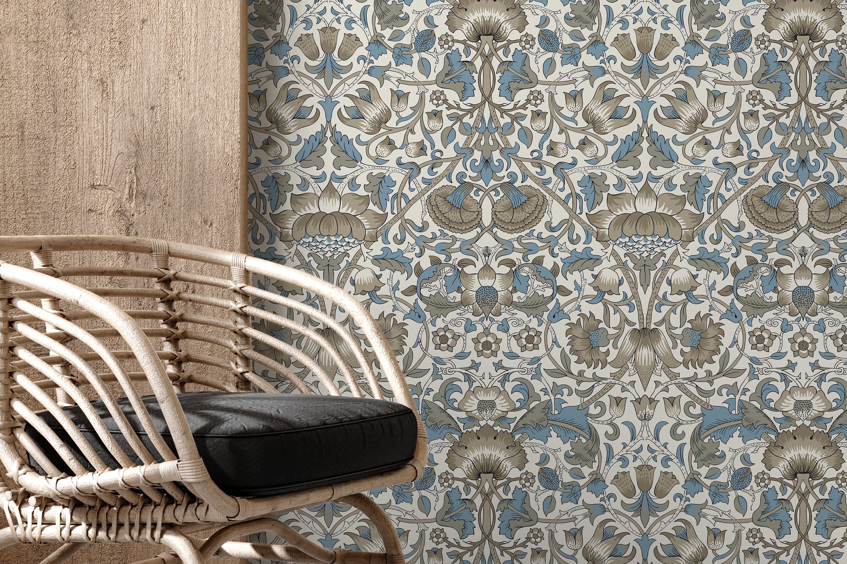 Vintage Floral Wallpaper With An Arts And Crafts Motif In Blue And Gray - D523