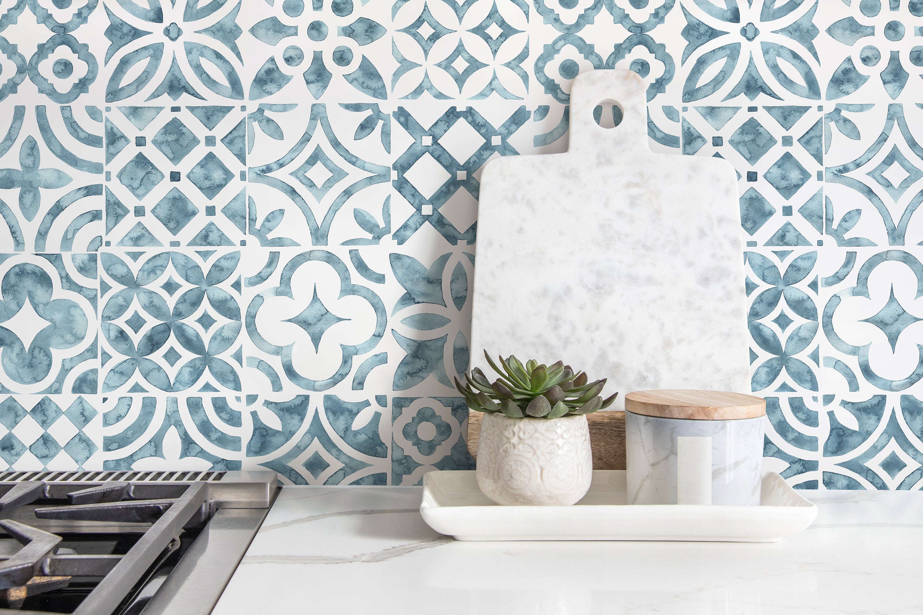 Tile Wallpaper With A Watercolor Patchwork Motif In Blue - D526