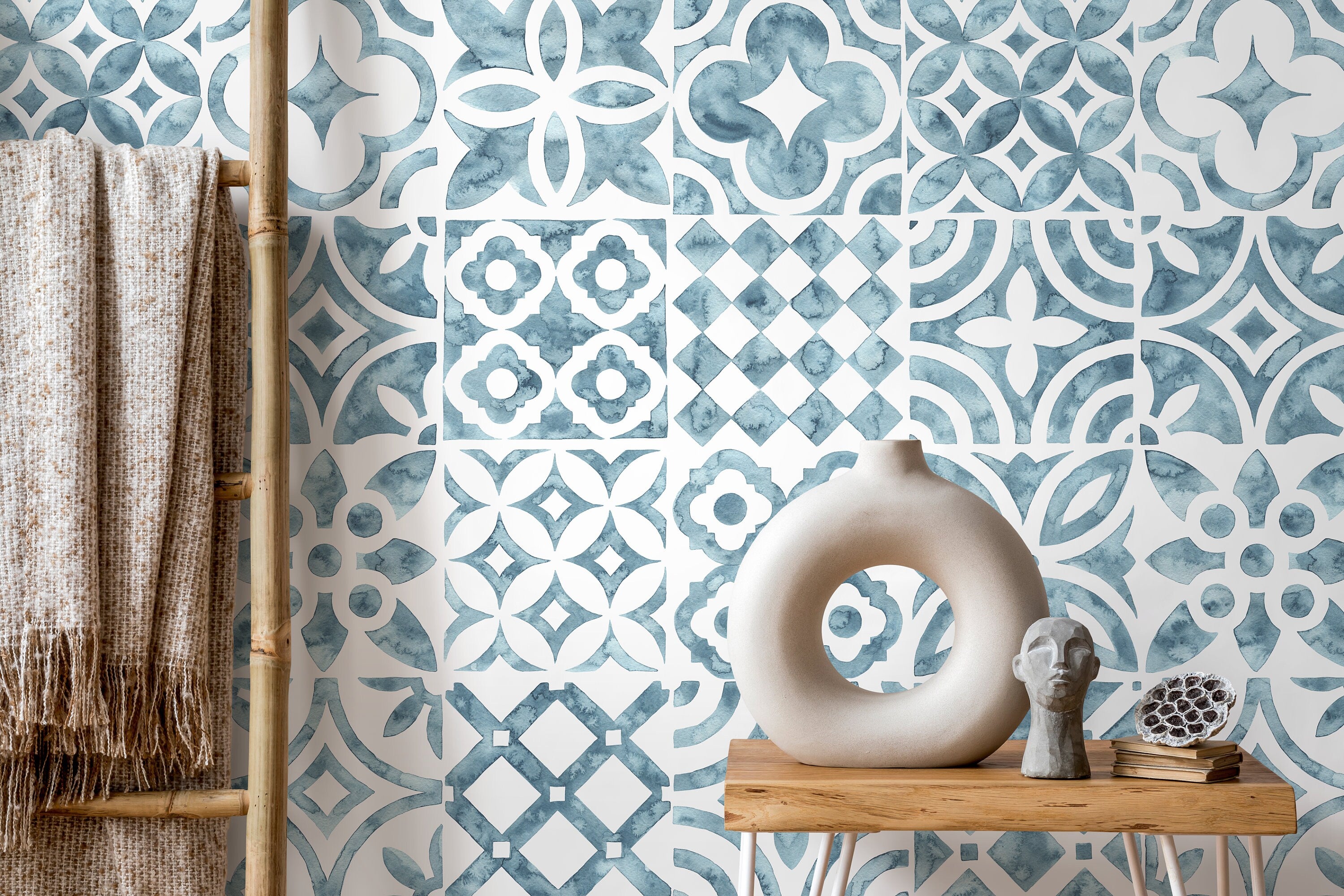 Tile Wallpaper With A Watercolor Patchwork Motif In Blue - D526