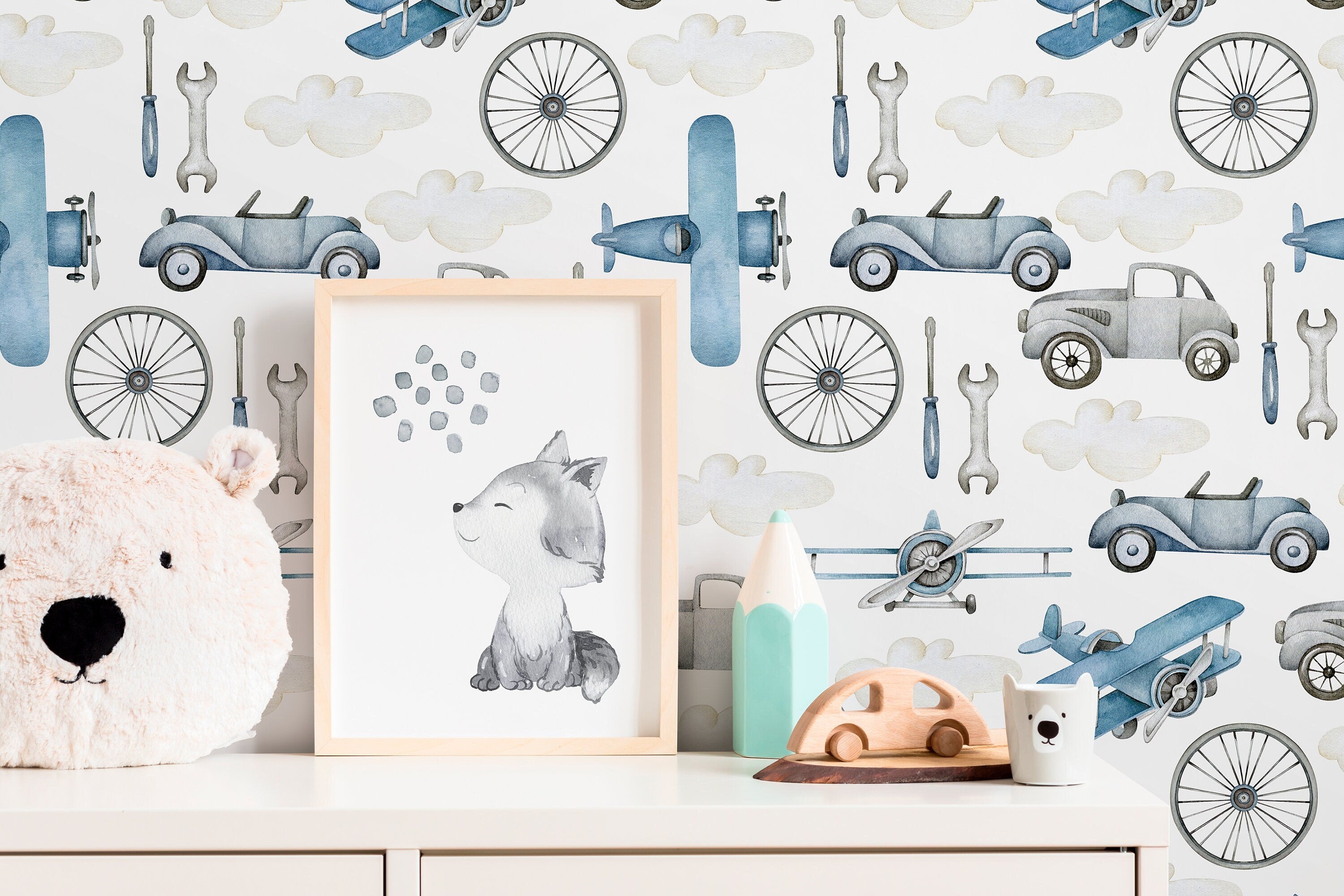 Transportation Wallpaper With Vintage Airplanes And Cars In Blue And Gray - D527
